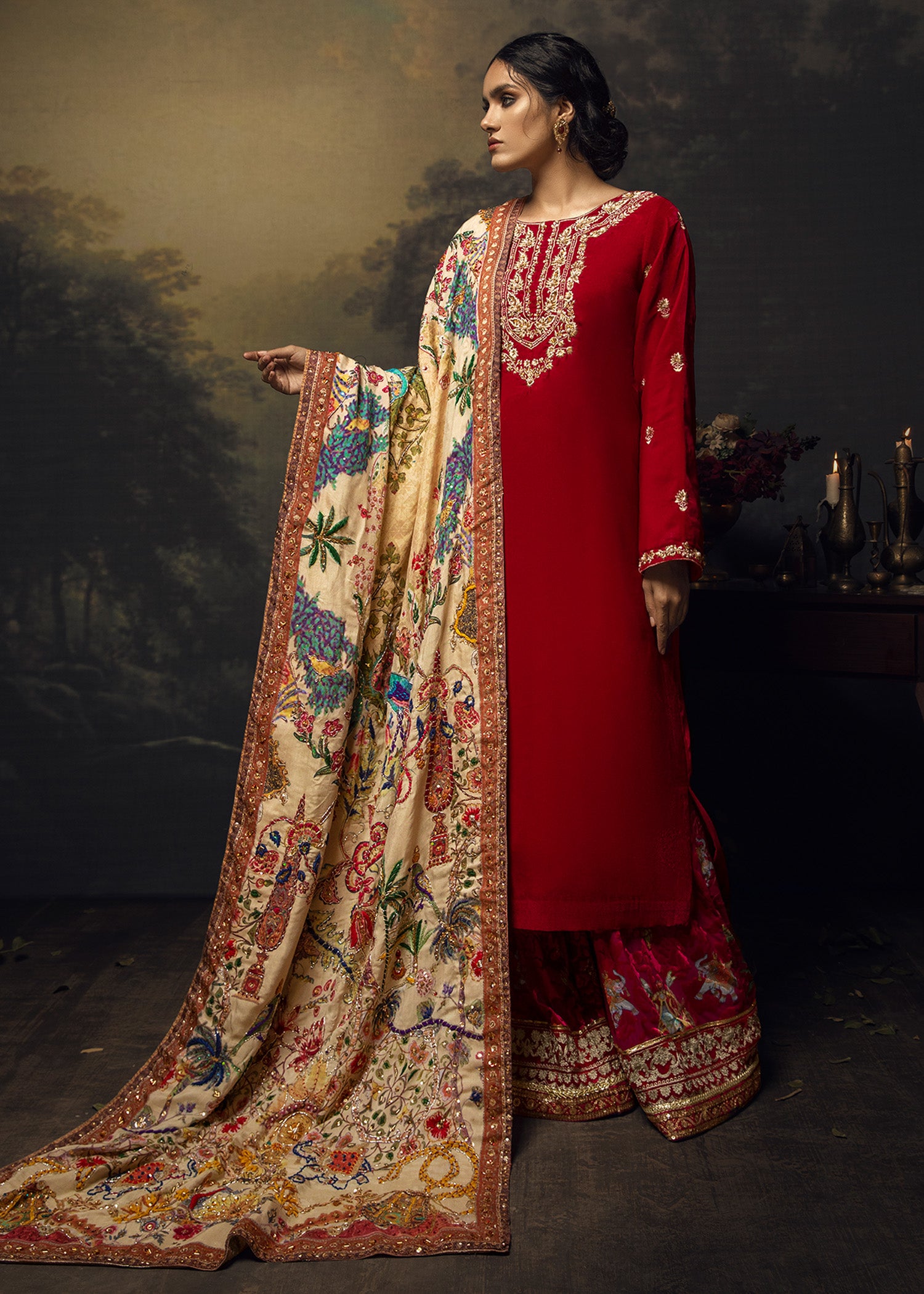 Ruby Pink Embroidered Velvet Salwar Kameez (3-Piece) - Image 3