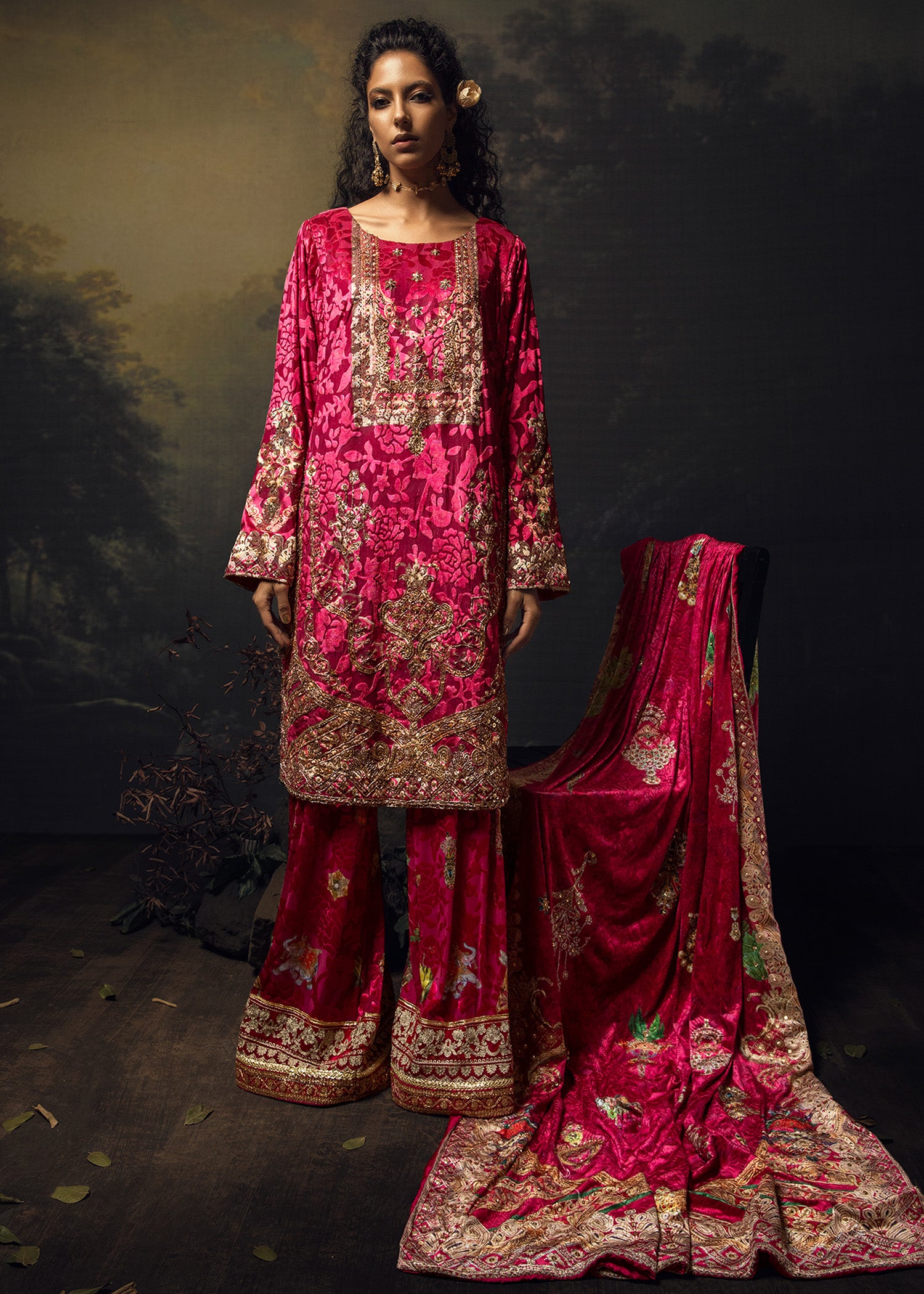 Pakistani Cerise Pink Naqshi & Sequin Velvet Salwar Kameez (3-Piece) - Image 1