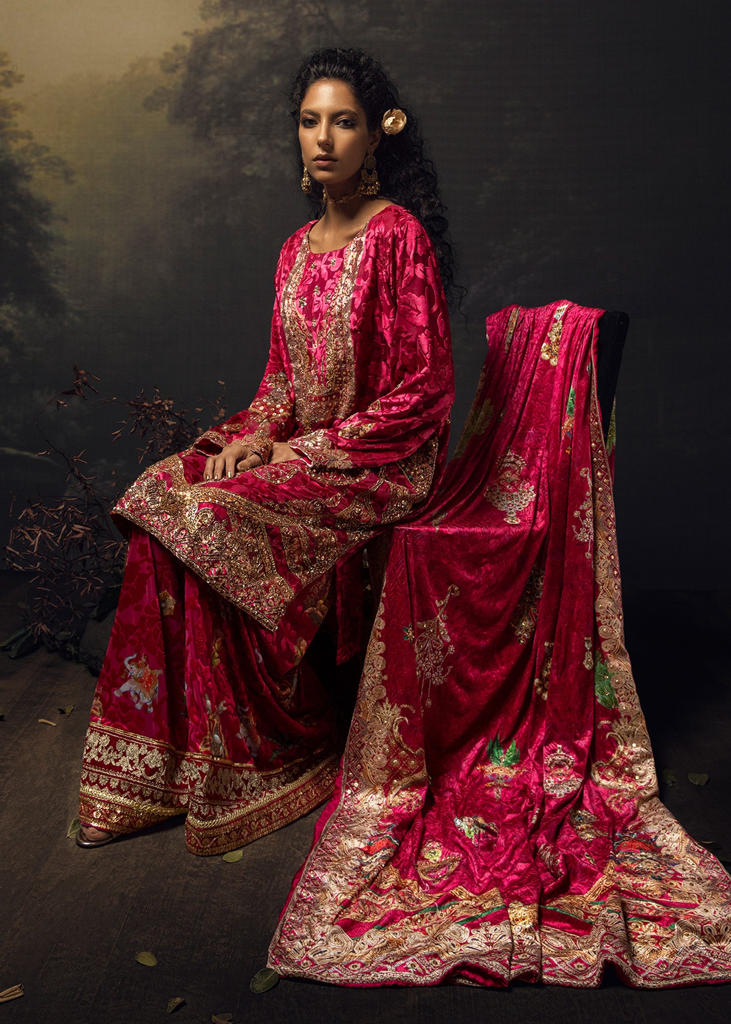 Pakistani Cerise Pink Naqshi & Sequin Velvet Salwar Kameez (3-Piece) - Image 3