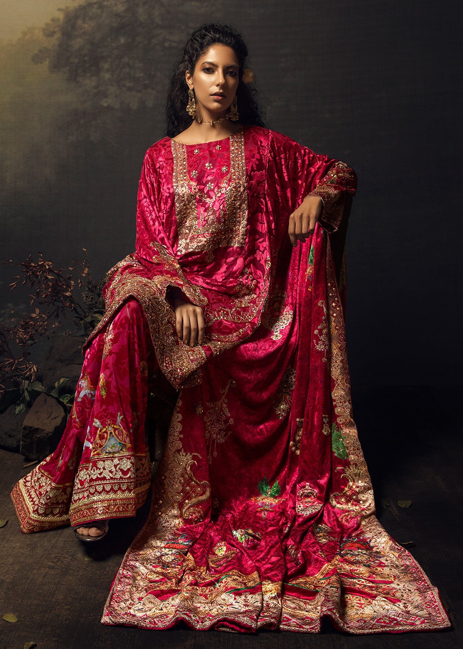 Pakistani Cerise Pink Naqshi & Sequin Velvet Salwar Kameez (3-Piece) - Image 2