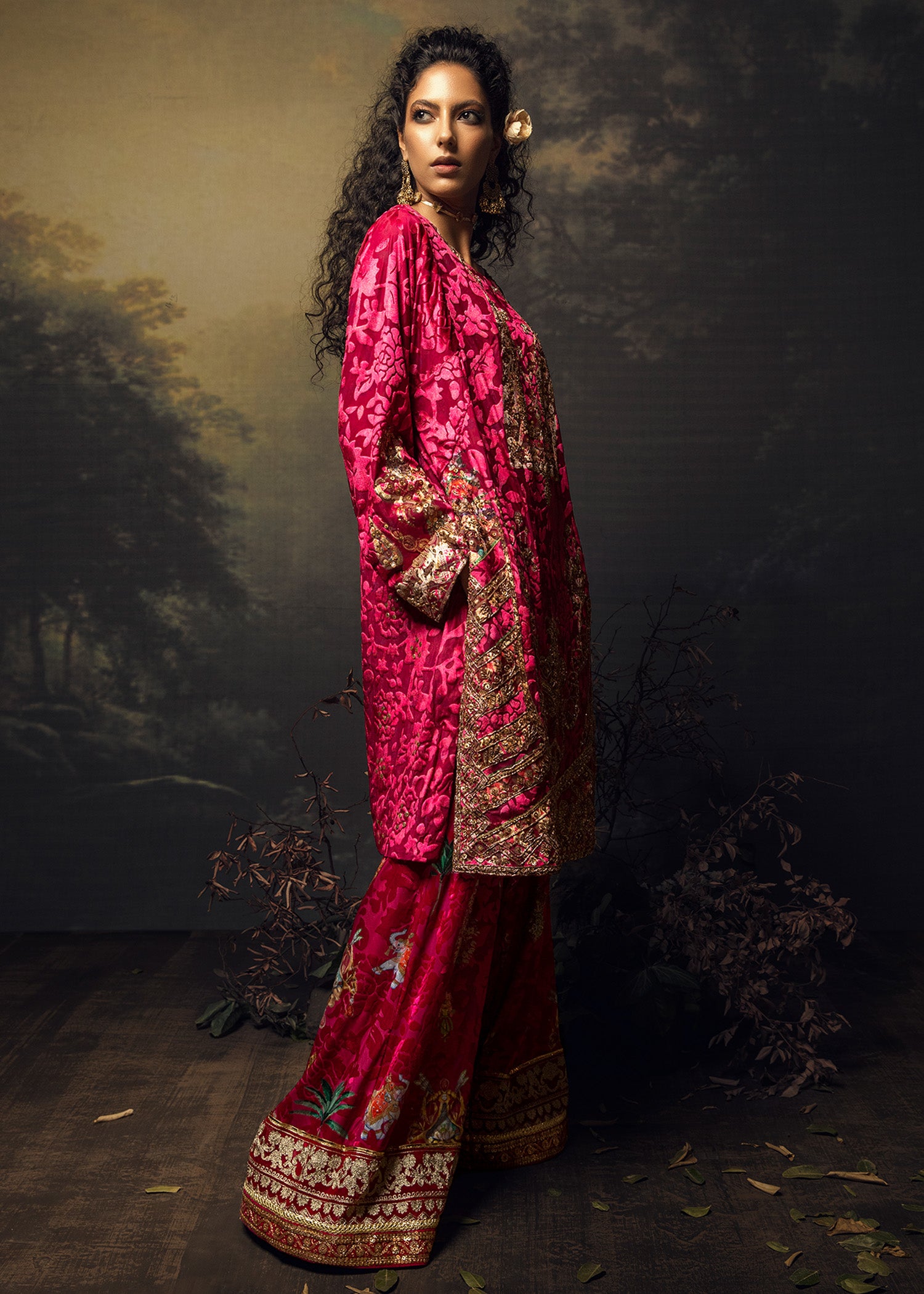 Pakistani Cerise Pink Naqshi & Sequin Velvet Salwar Kameez (3-Piece) - Image 6