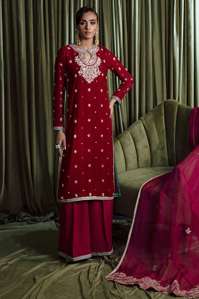 Pakistani Hot Pink Embellished Velvet Salwar Kameez (3-Piece) - Image 1
