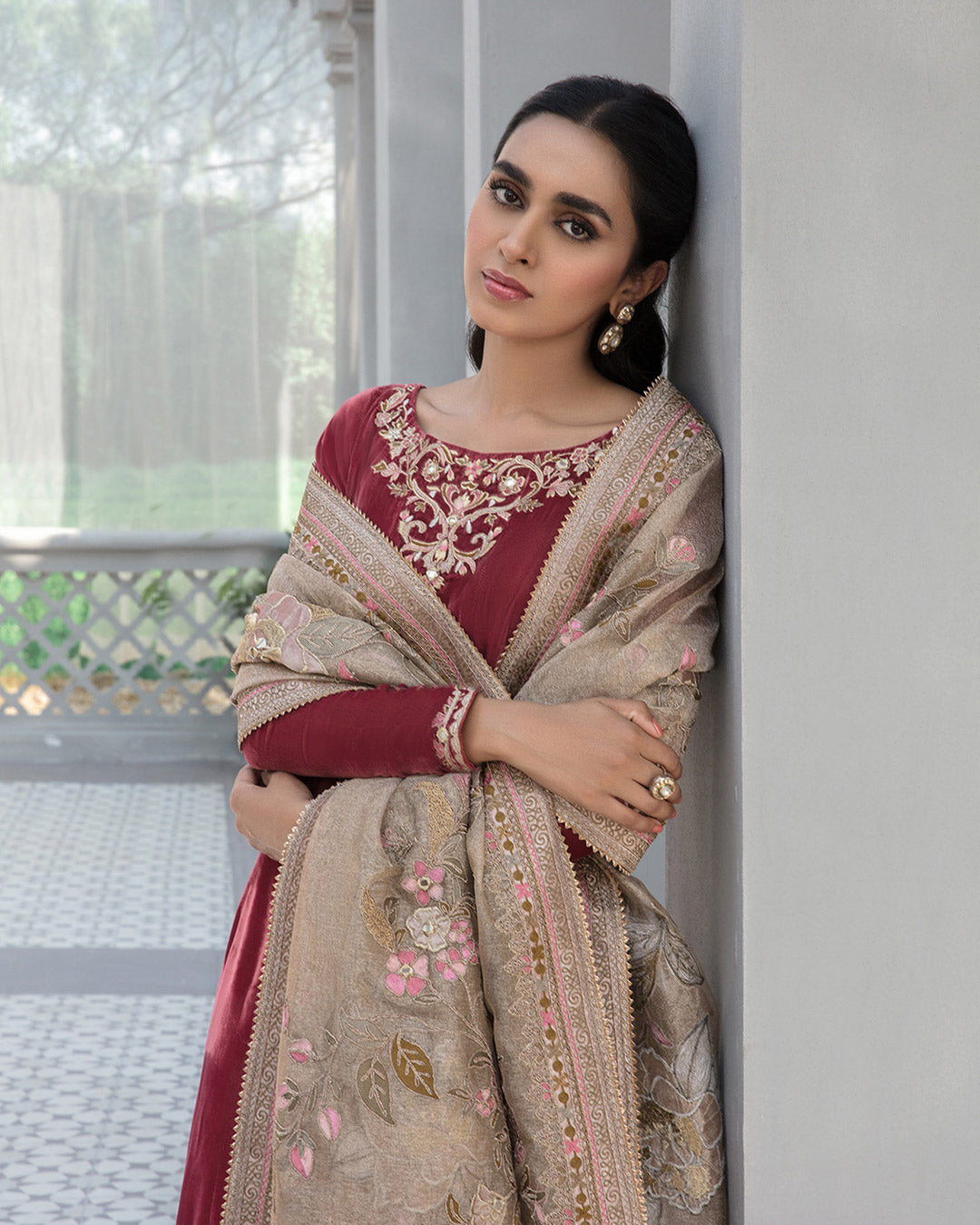 Pink Velvet Embroidered Salwar Kameez (3-Piece) - Image 2