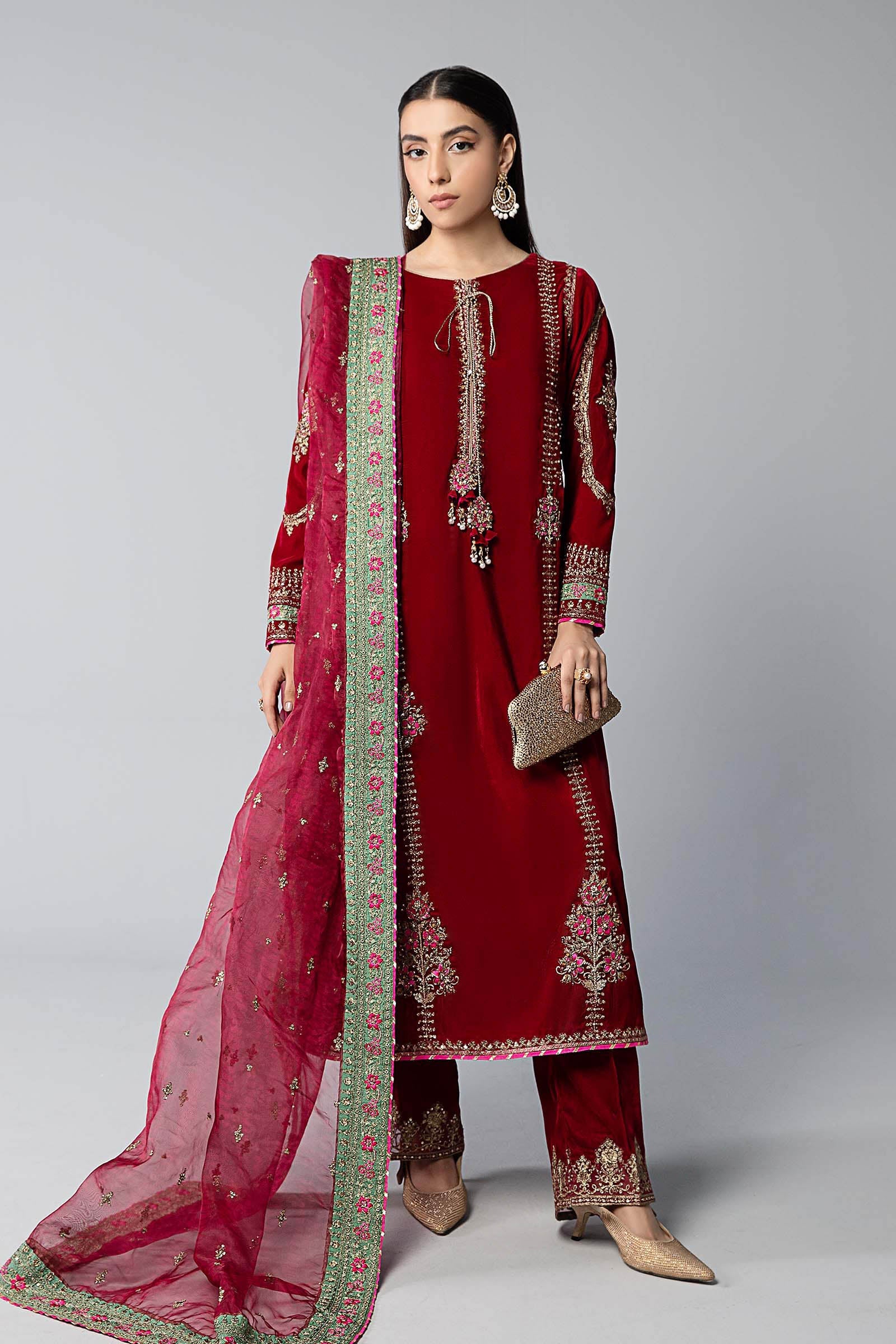 Deep Pink Embroidered Velvet 3-Piece Suit - Image 1