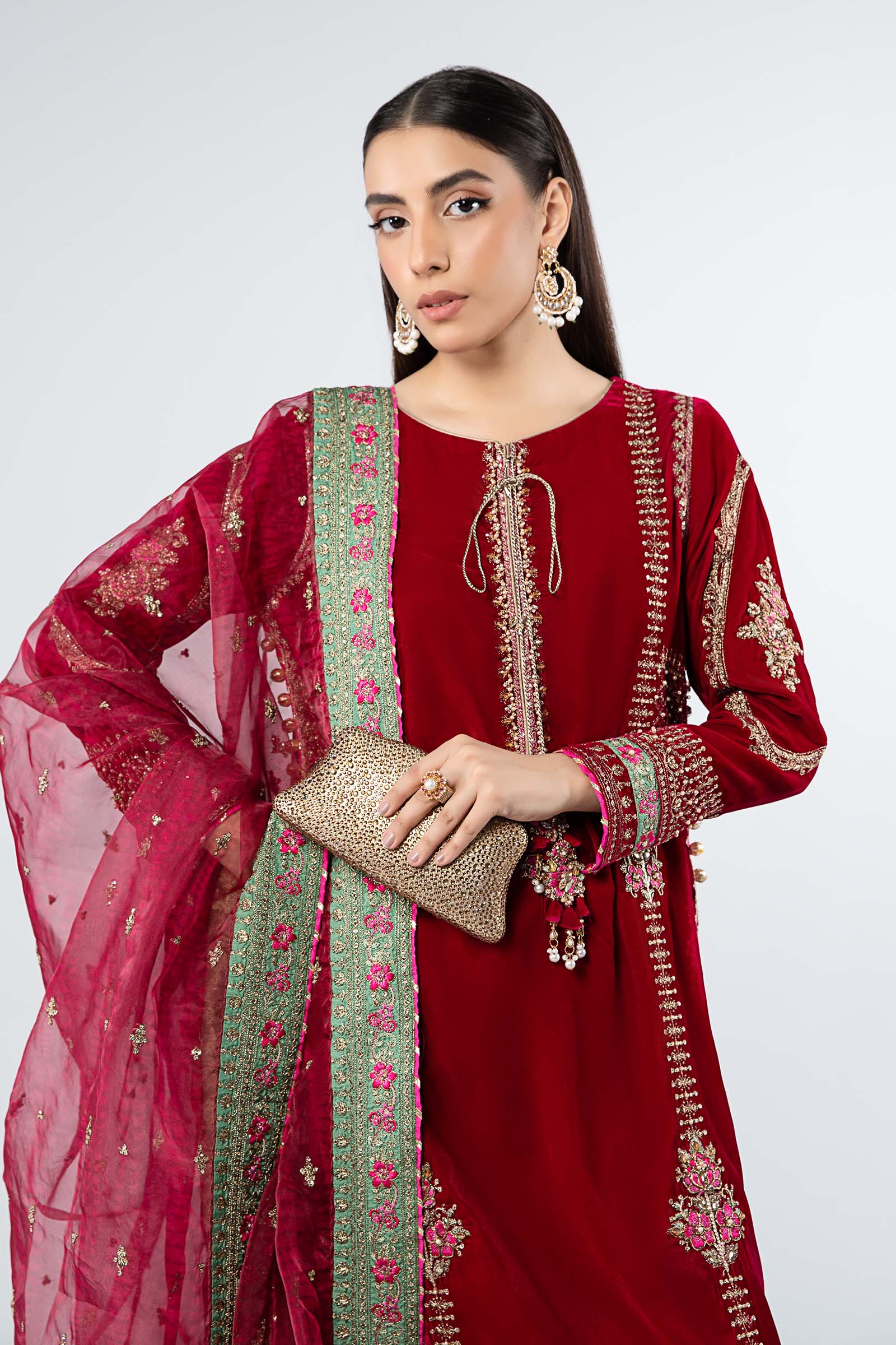 Deep Pink Embroidered Velvet 3-Piece Suit - Image 2