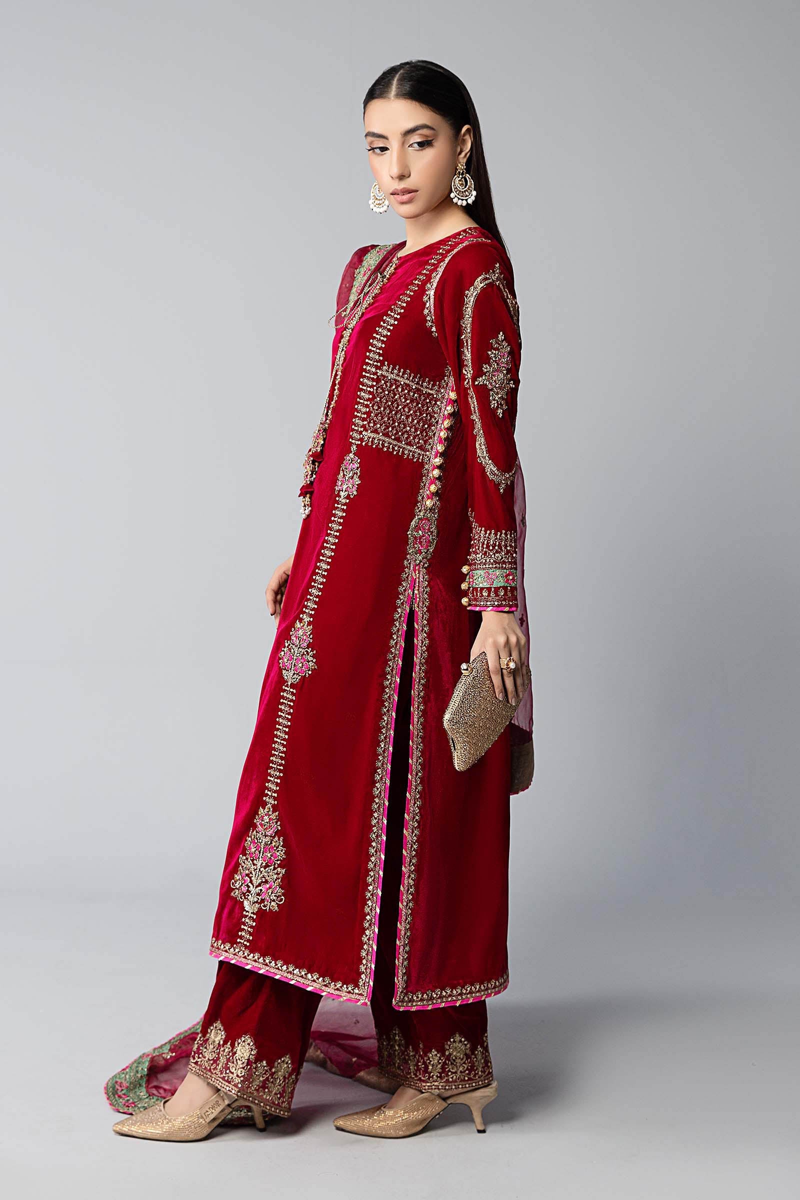 Deep Pink Embroidered Velvet 3-Piece Suit - Image 3