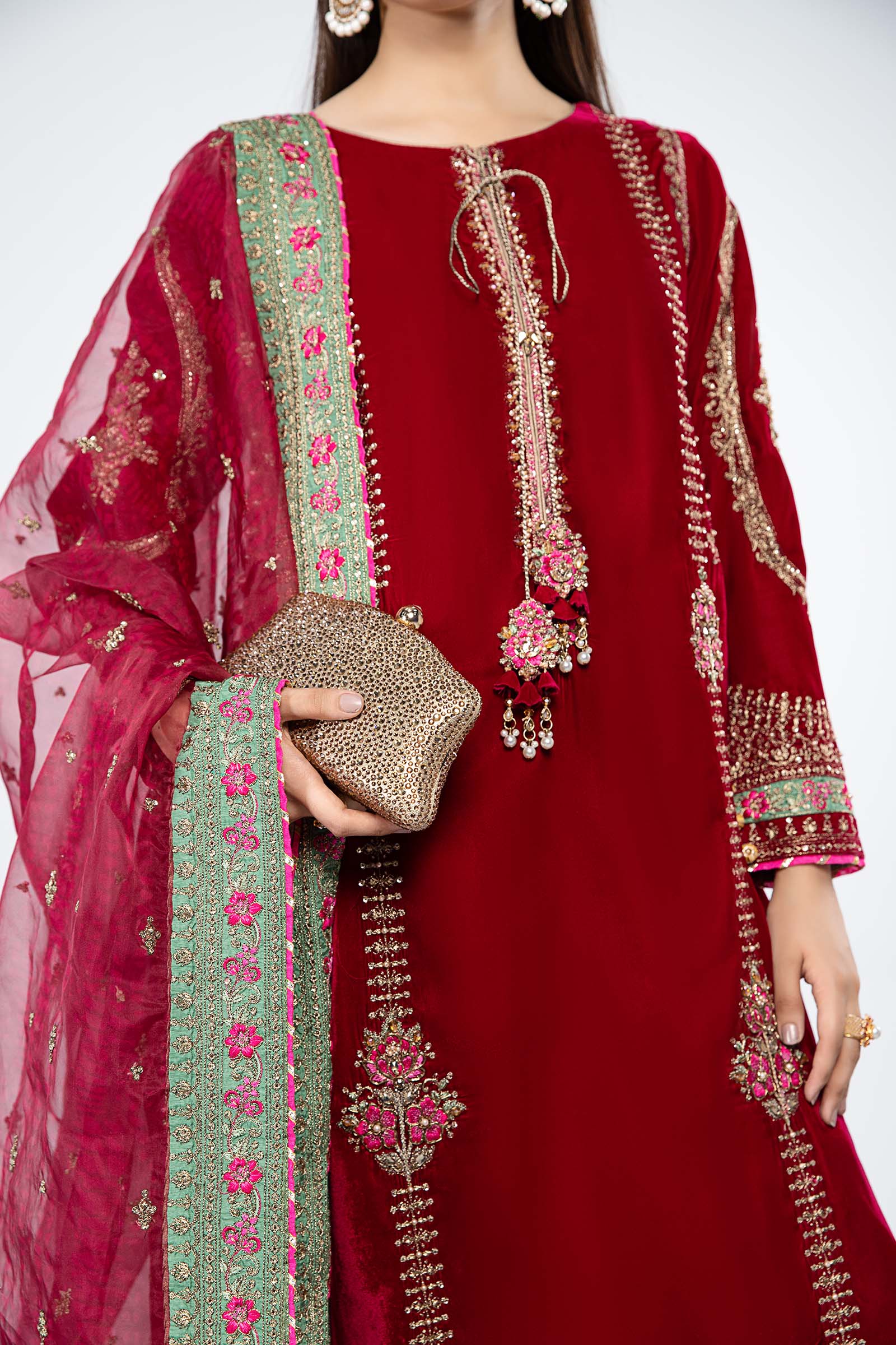 Deep Pink Embroidered Velvet 3-Piece Suit - Image 4