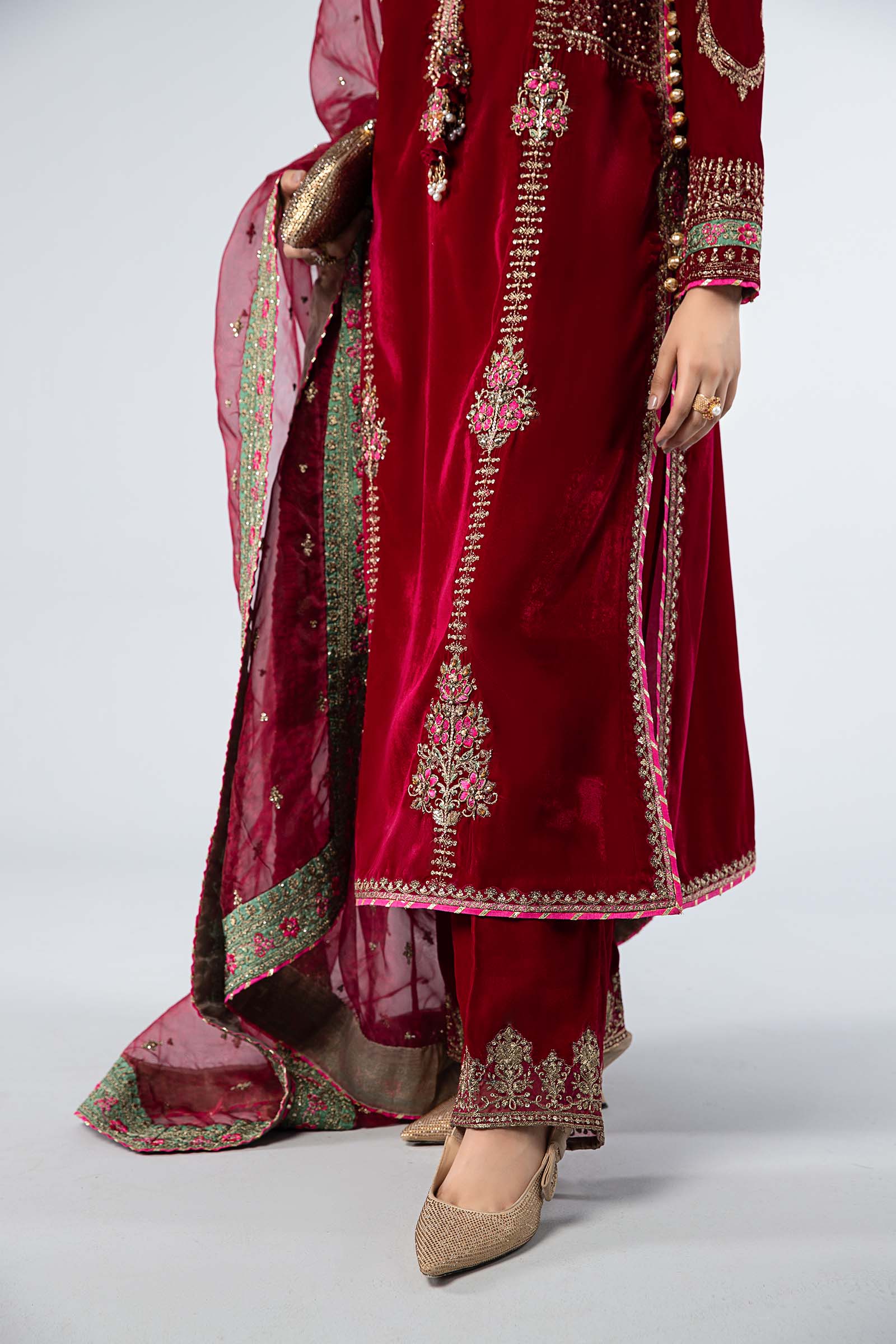 Deep Pink Embroidered Velvet 3-Piece Suit - Image 5
