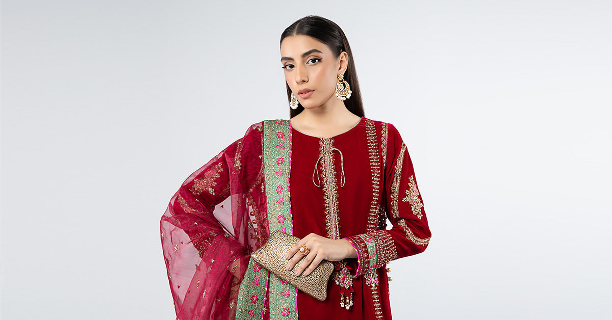 Deep Pink Embroidered Velvet 3-Piece Suit - Image 7