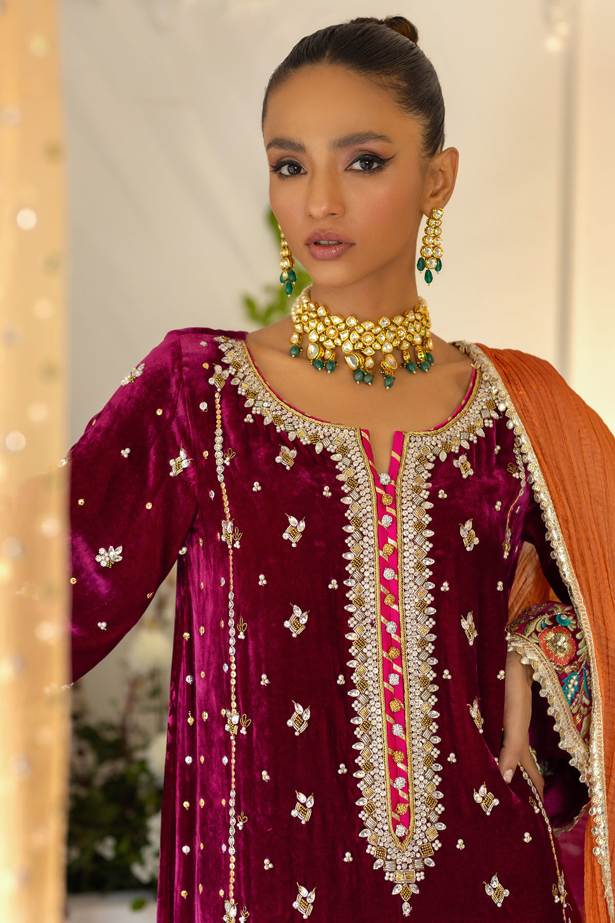 Pakistani Deep Strawberry Pink Zardozi Velvet Salwar Kameez (3-Piece) - Image 6