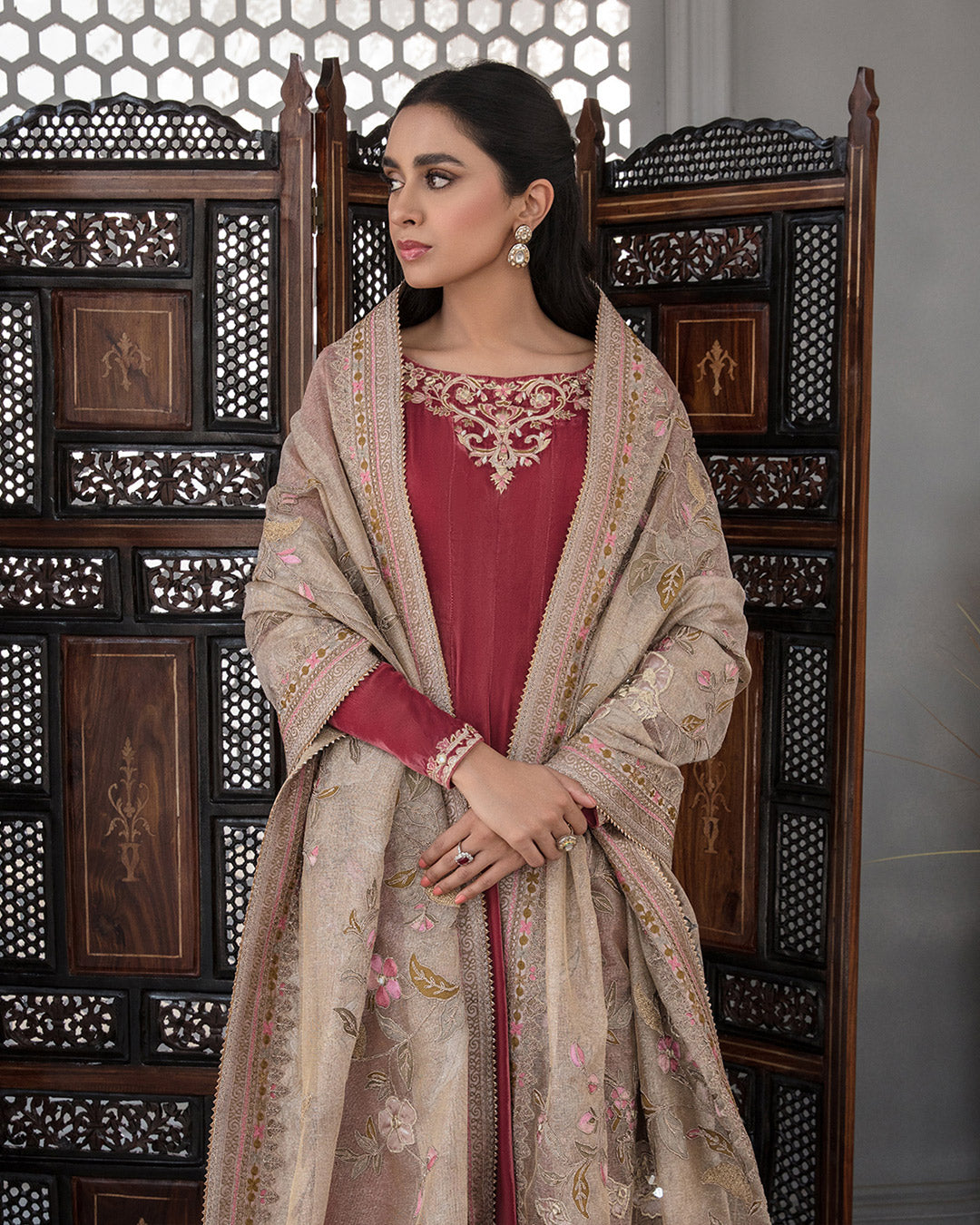 Pink Embroidered Velvet Salwar Kameez (3-Piece) - Image 3