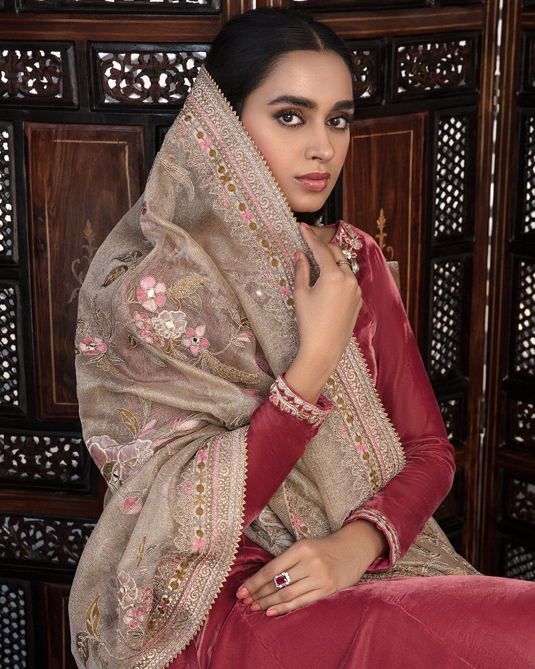 Pink Embroidered Velvet Salwar Kameez (3-Piece) - Image 4