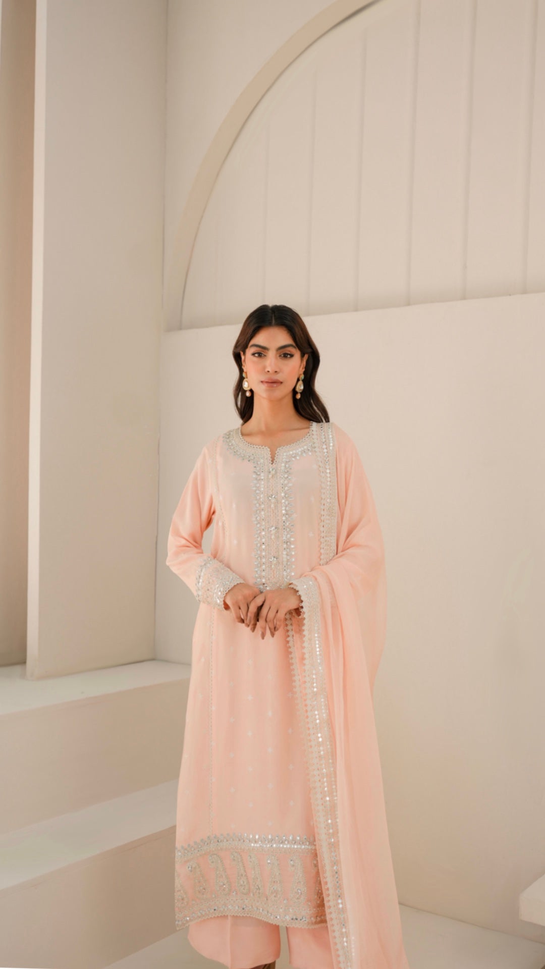 Pakistani Peach Chikankari Viscose Silk Salwar Kameez (3-Piece) - Image 1
