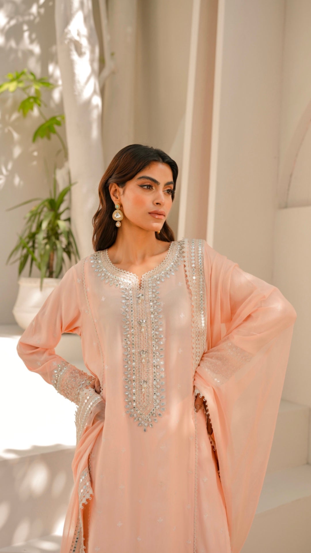 Pakistani Peach Chikankari Viscose Silk Salwar Kameez (3-Piece) - Image 2