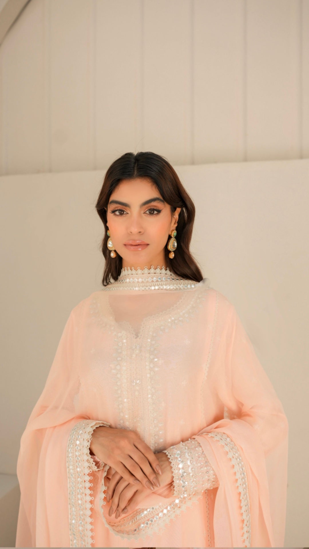 Pakistani Peach Chikankari Viscose Silk Salwar Kameez (3-Piece) - Image 3