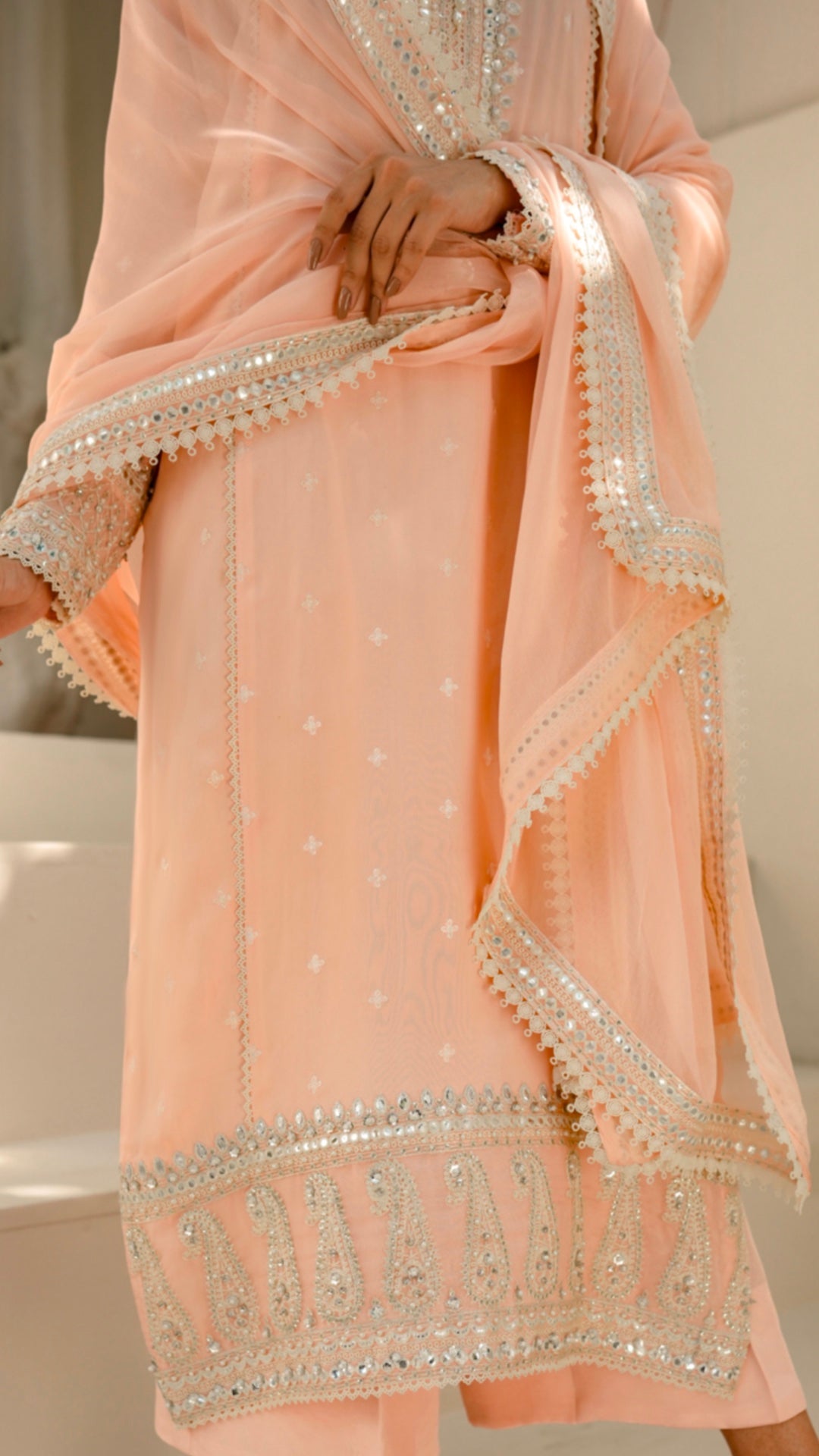 Pakistani Peach Chikankari Viscose Silk Salwar Kameez (3-Piece) - Image 4