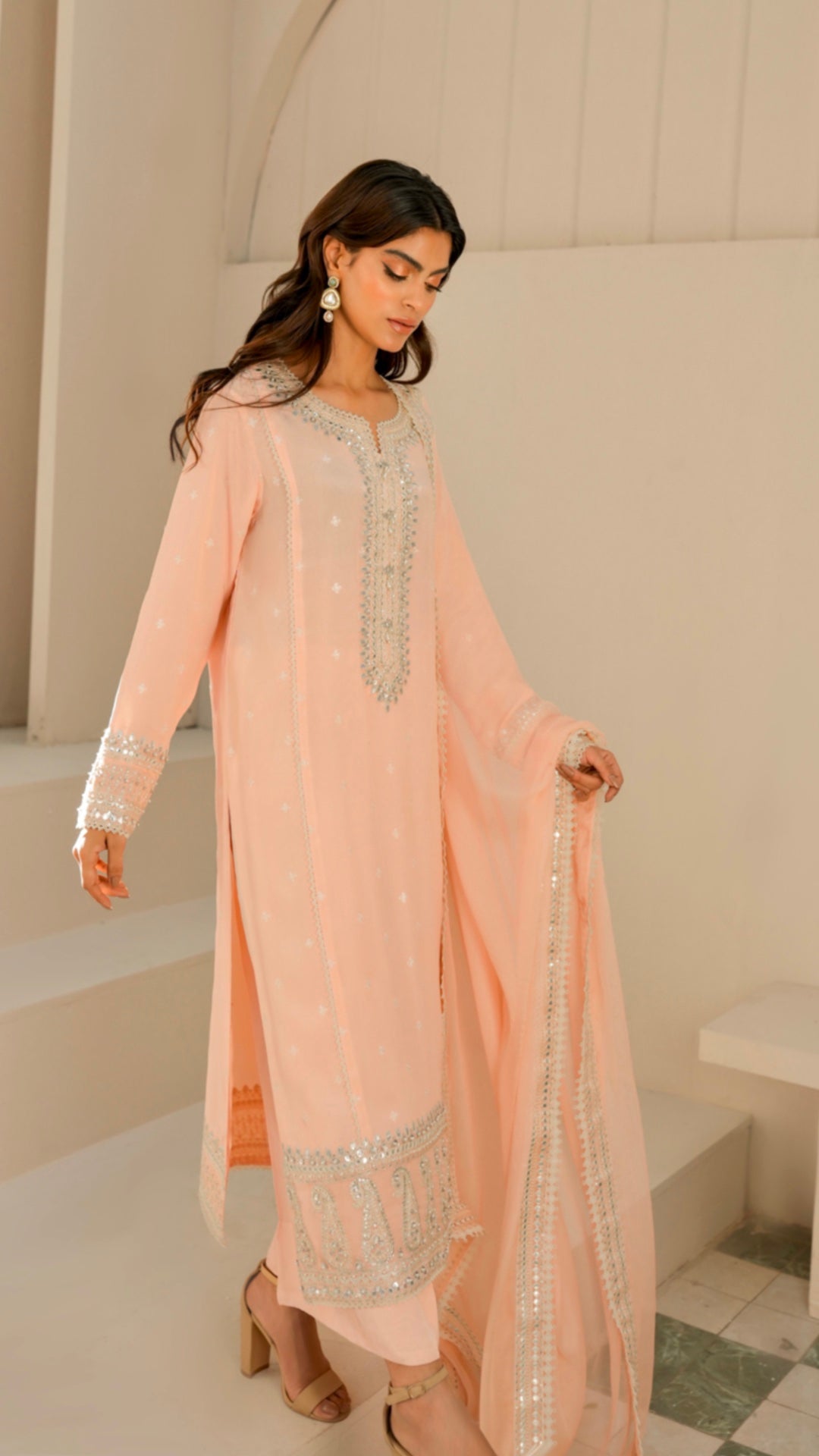 Pakistani Peach Chikankari Viscose Silk Salwar Kameez (3-Piece) - Image 5