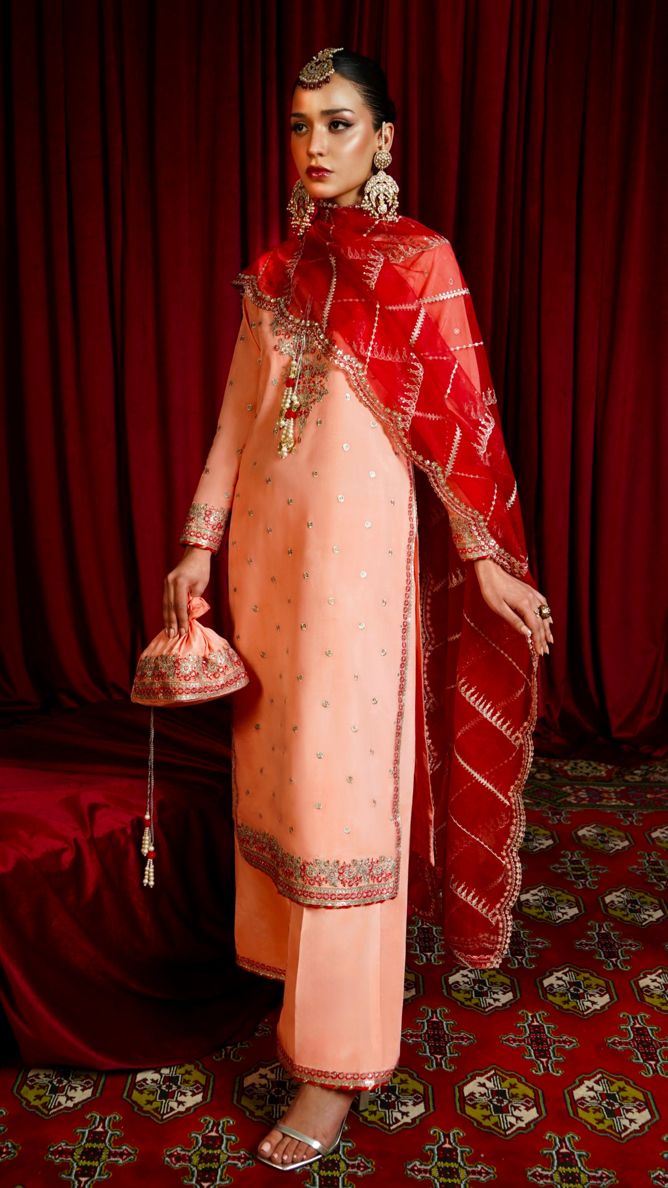 Pakistani Salmon Pink Embroidered Viscose Silk Salwar Kameez (3-Piece) - Image 1