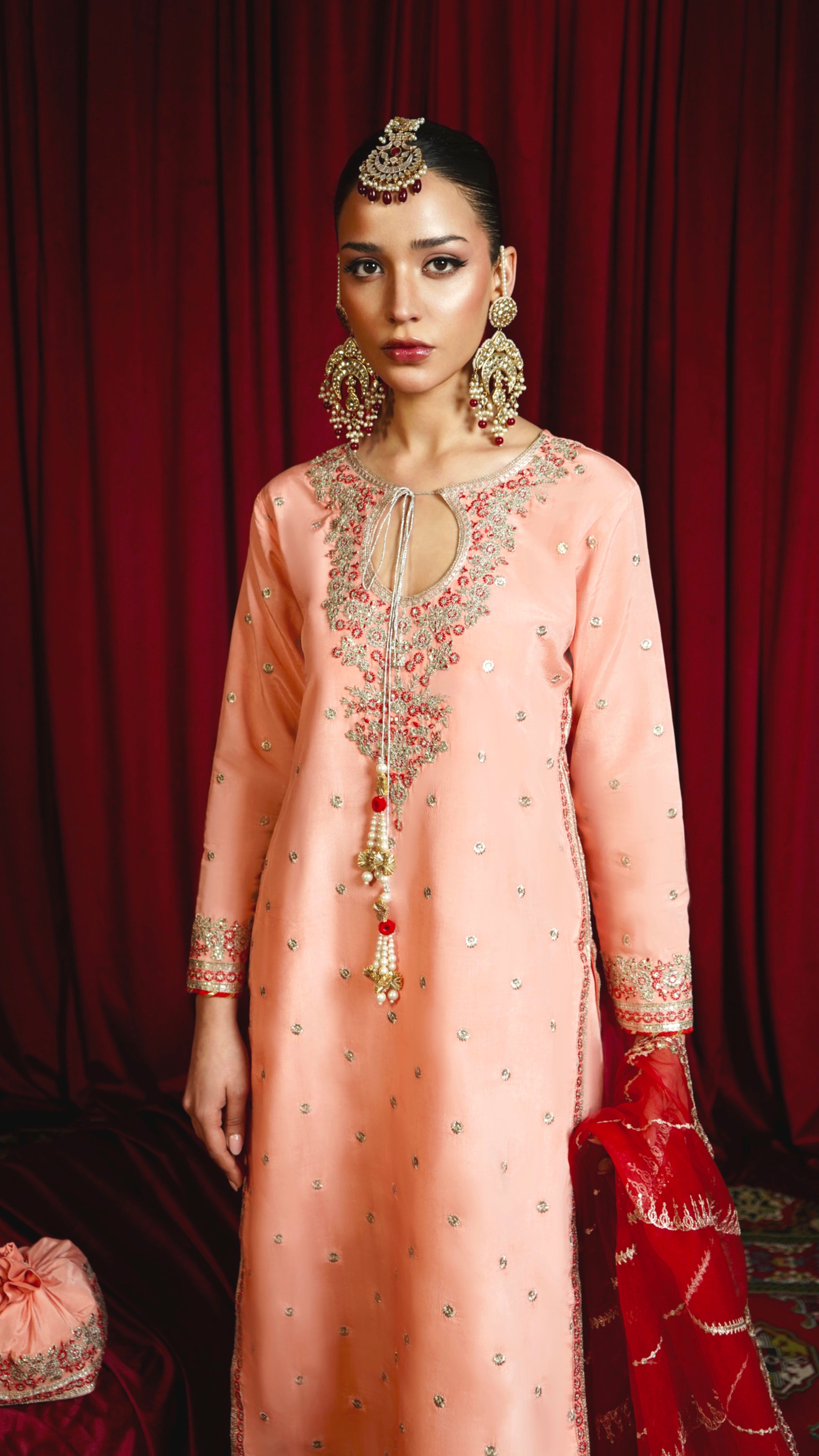 Pakistani Salmon Pink Embroidered Viscose Silk Salwar Kameez (3-Piece) - Image 2