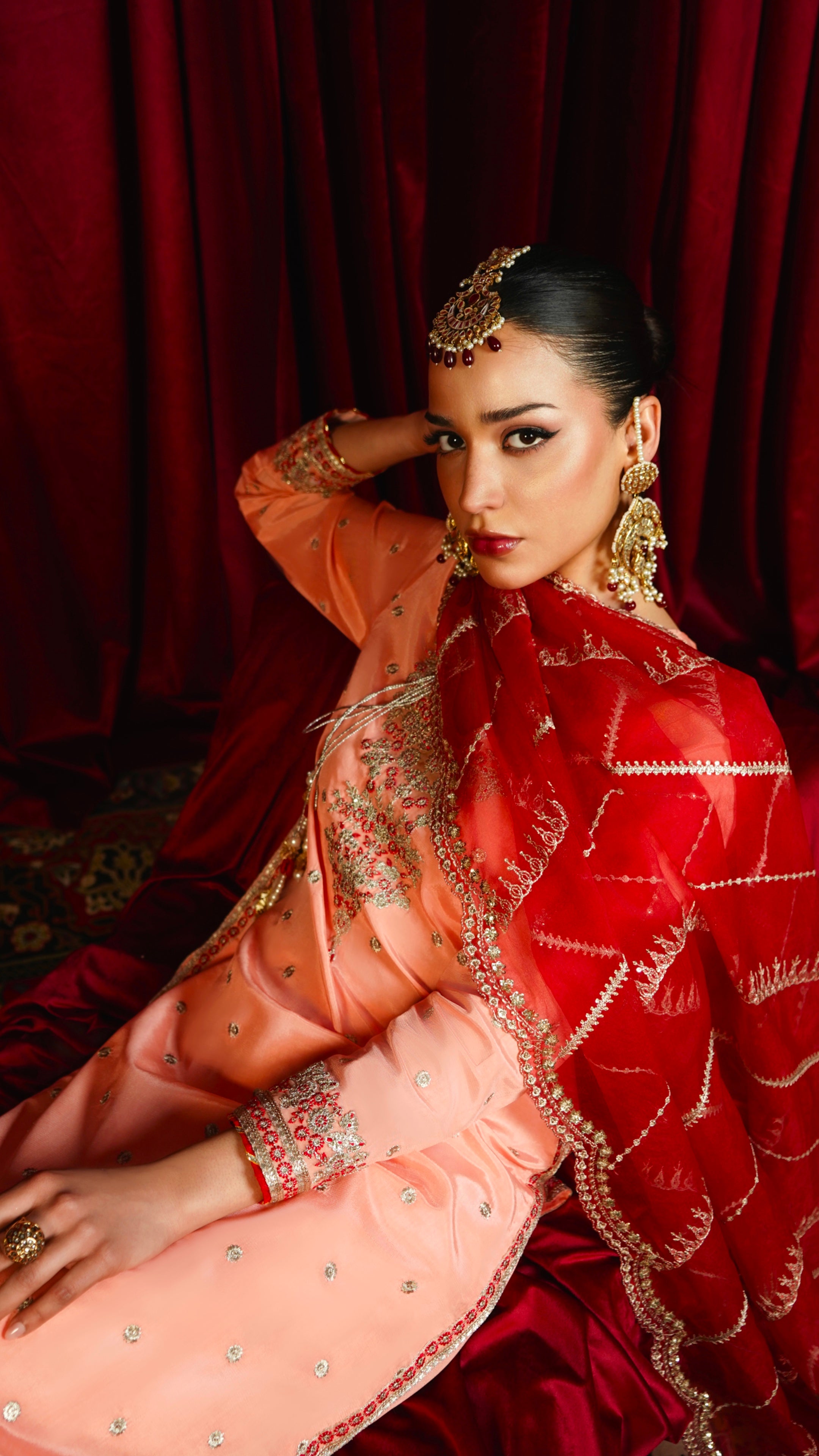 Pakistani Salmon Pink Embroidered Viscose Silk Salwar Kameez (3-Piece) - Image 3