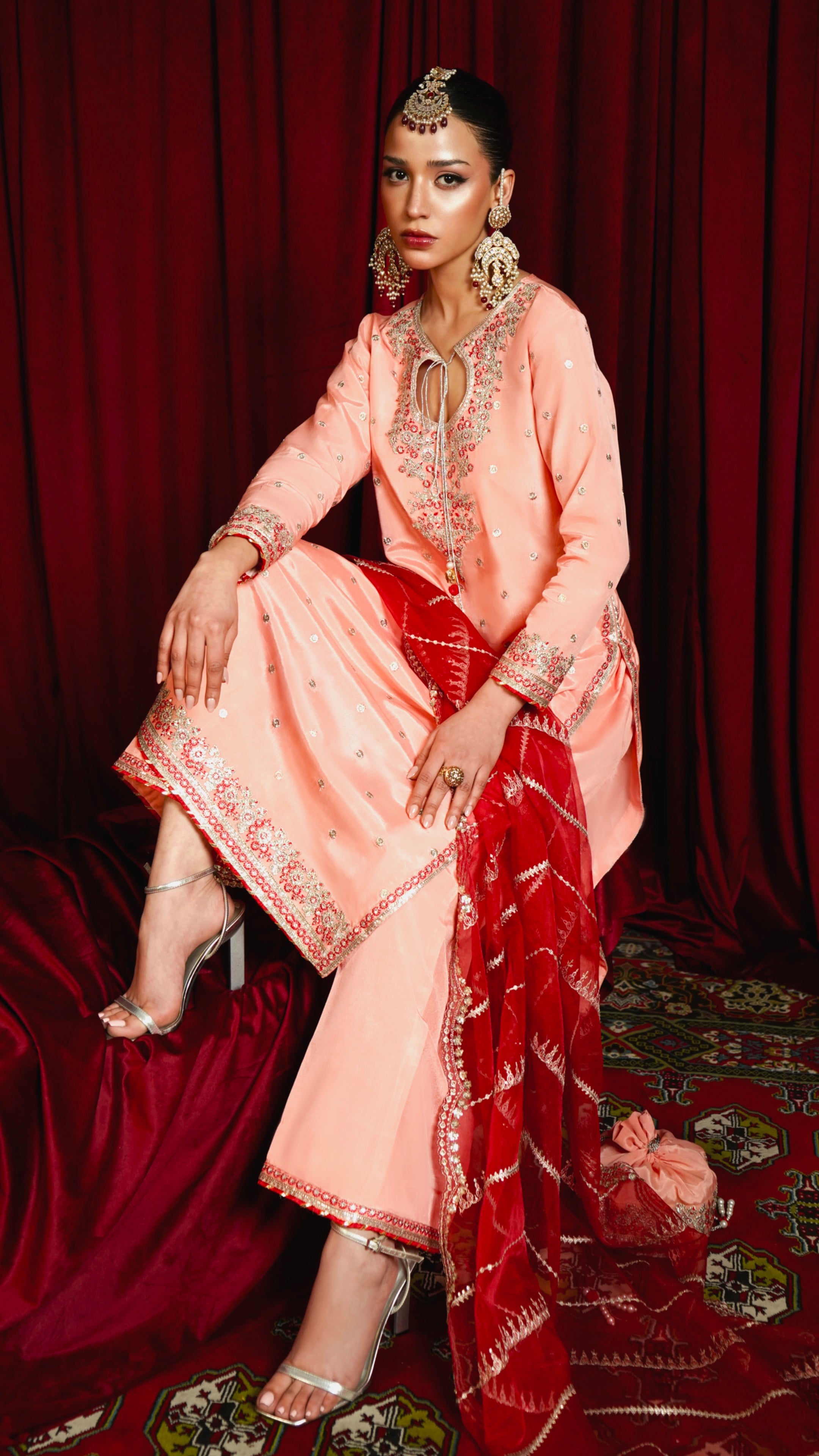 Pakistani Salmon Pink Embroidered Viscose Silk Salwar Kameez (3-Piece) - Image 4