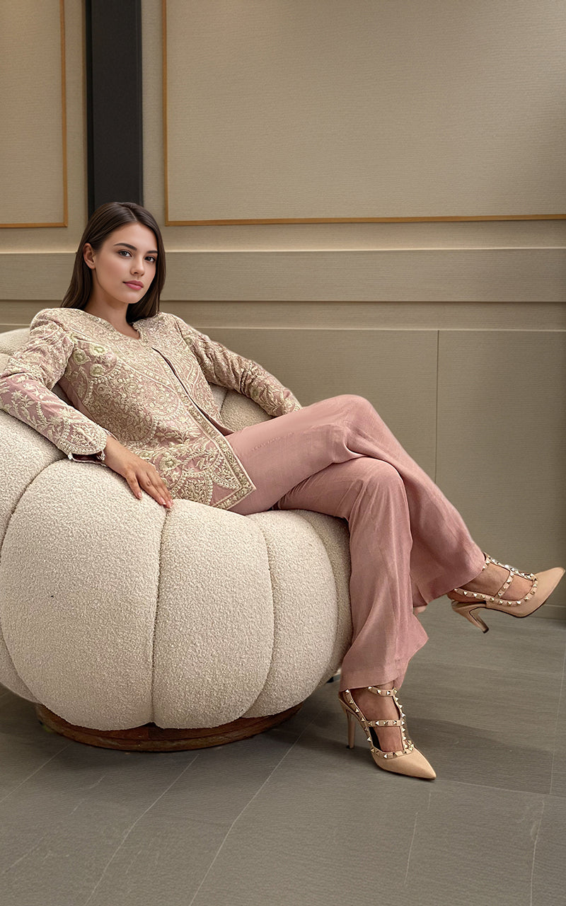 Pakistani Blush Pink Embroidered Viscose Jacket with Trousers (2-Piece) - Image 4