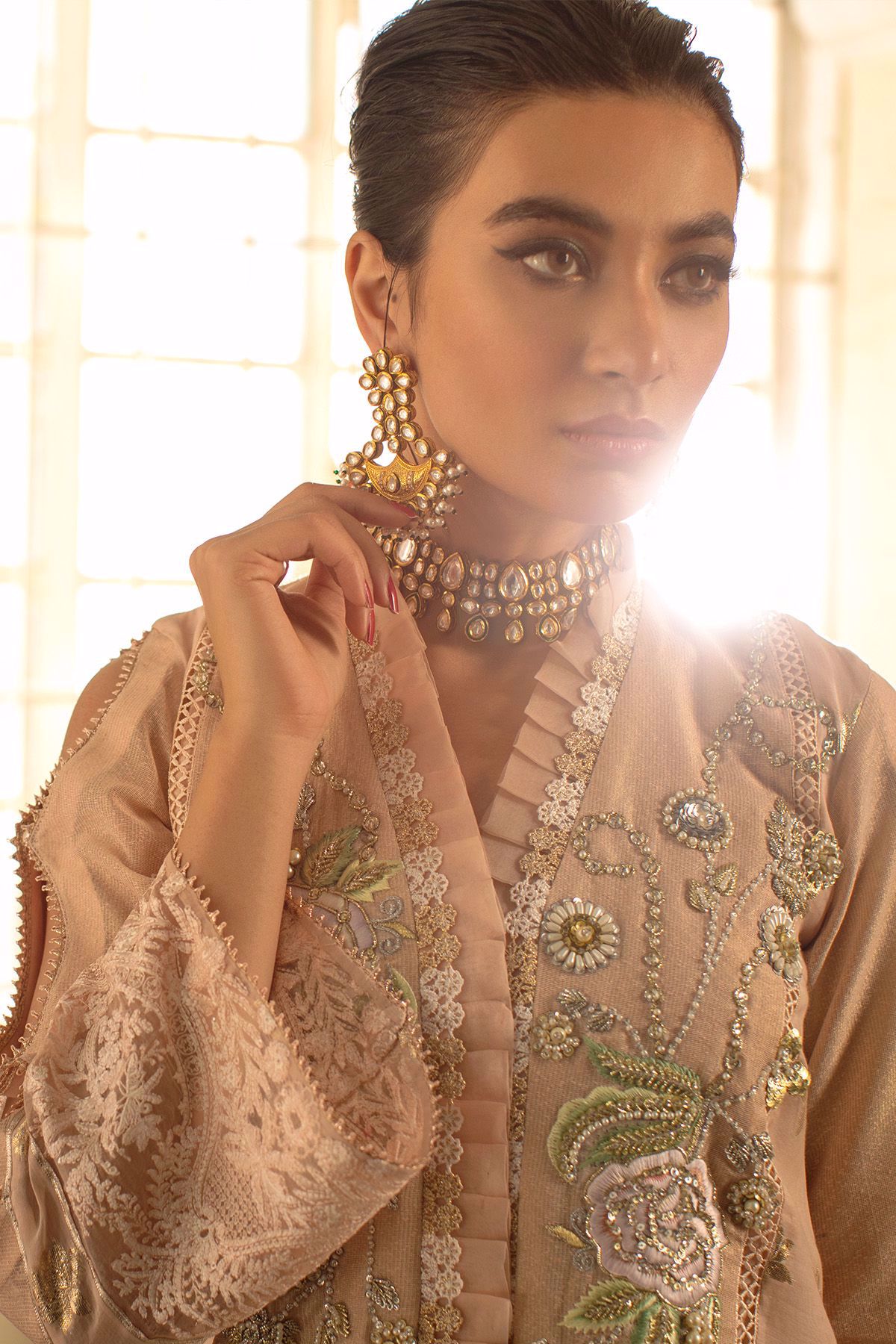 Peach Zari Khaadi Net Embroidered Salwar Kameez (3-Piece) - Image 10