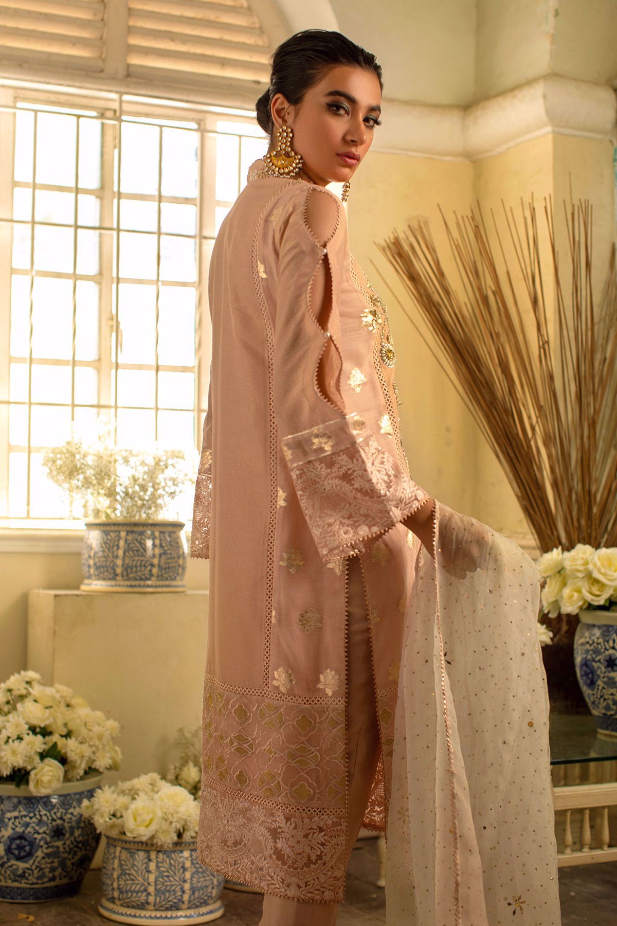 Peach Zari Khaadi Net Embroidered Salwar Kameez (3-Piece) - Image 7