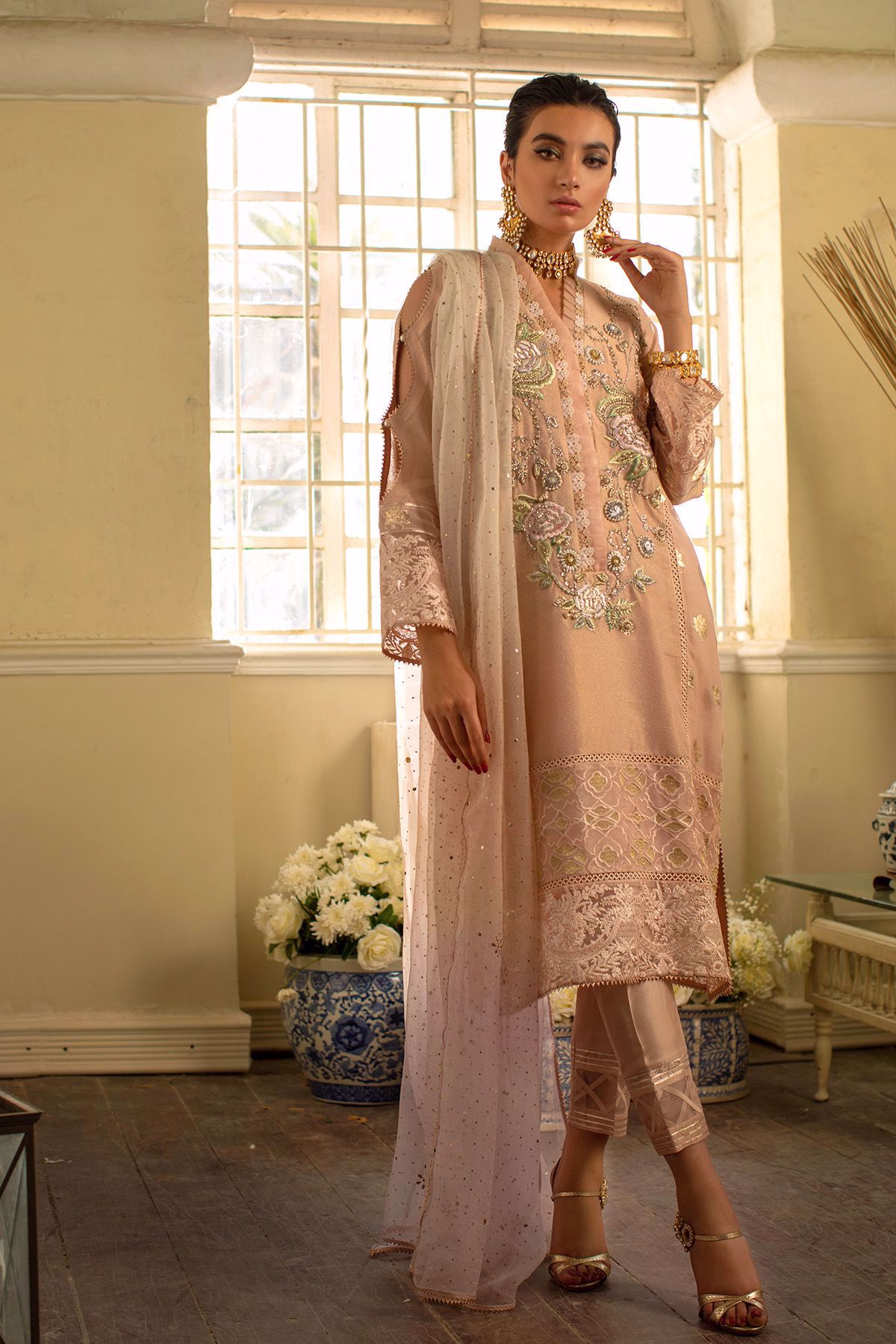 Peach Zari Khaadi Net Embroidered Salwar Kameez (3-Piece) - Image 8