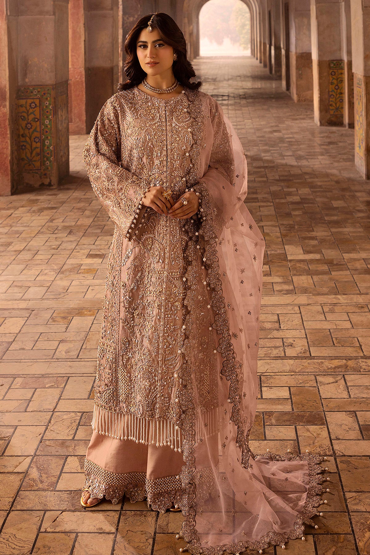 Peach Embroidered Zari Net & Silk Jacket Set (3-Piece) - Image 1