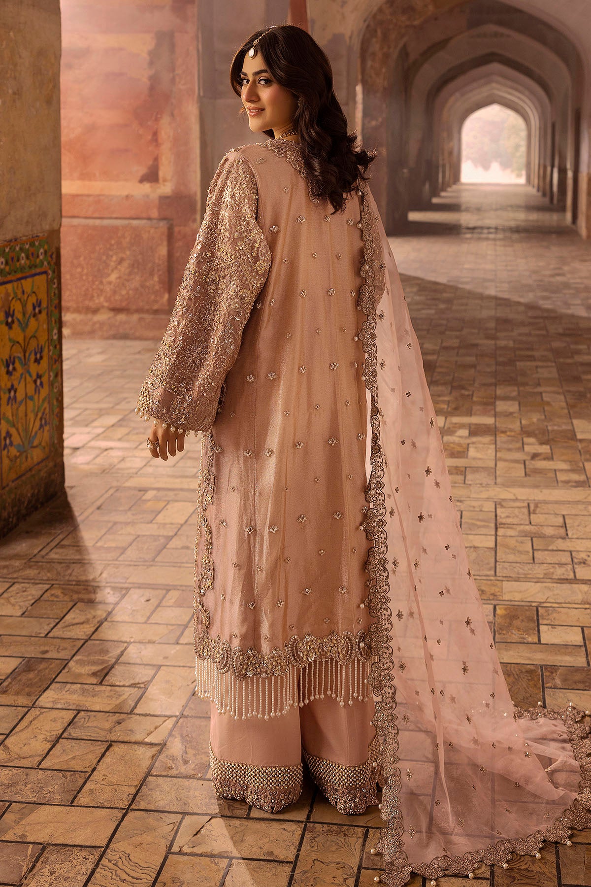 Peach Embroidered Zari Net & Silk Jacket Set (3-Piece) - Image 2