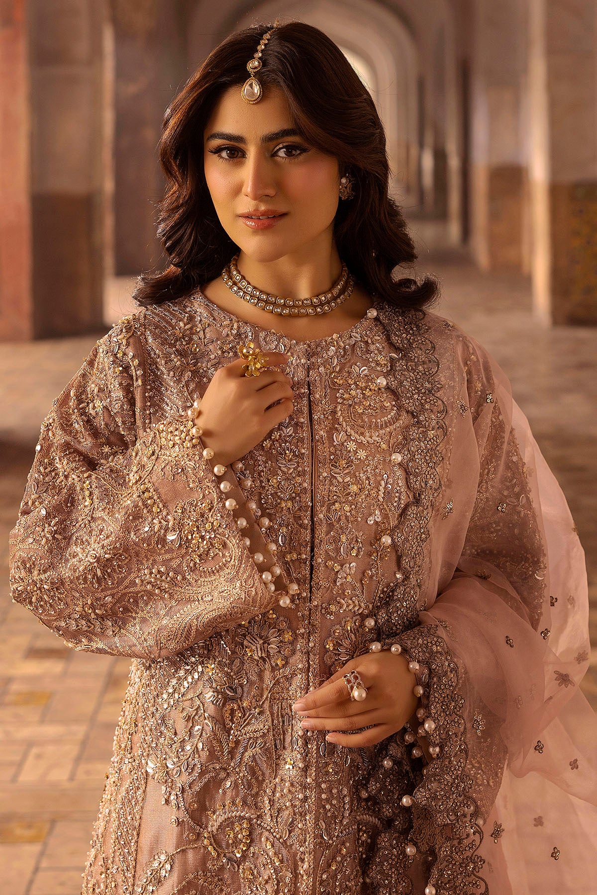 Peach Embroidered Zari Net & Silk Jacket Set (3-Piece) - Image 3