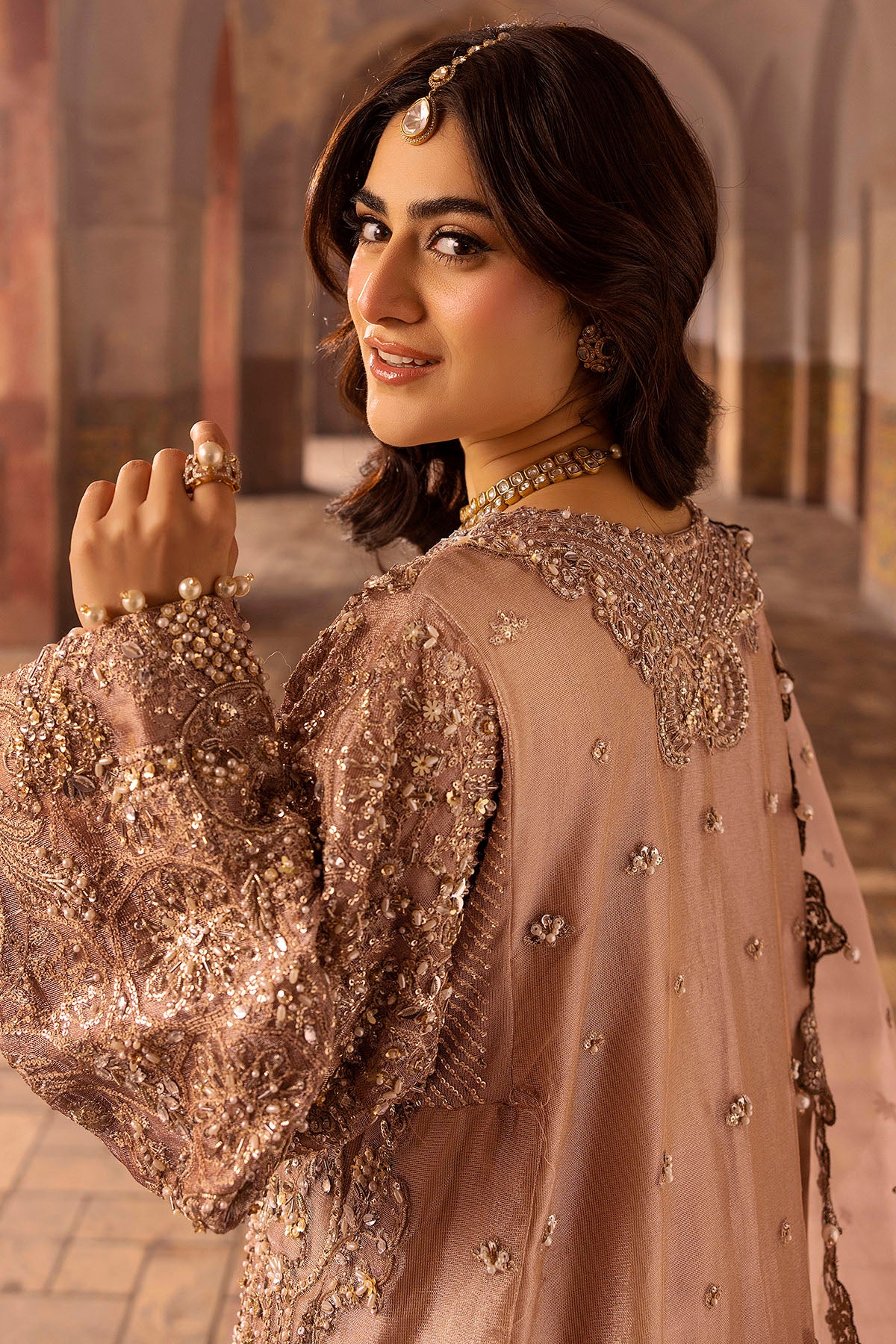 Peach Embroidered Zari Net & Silk Jacket Set (3-Piece) - Image 6