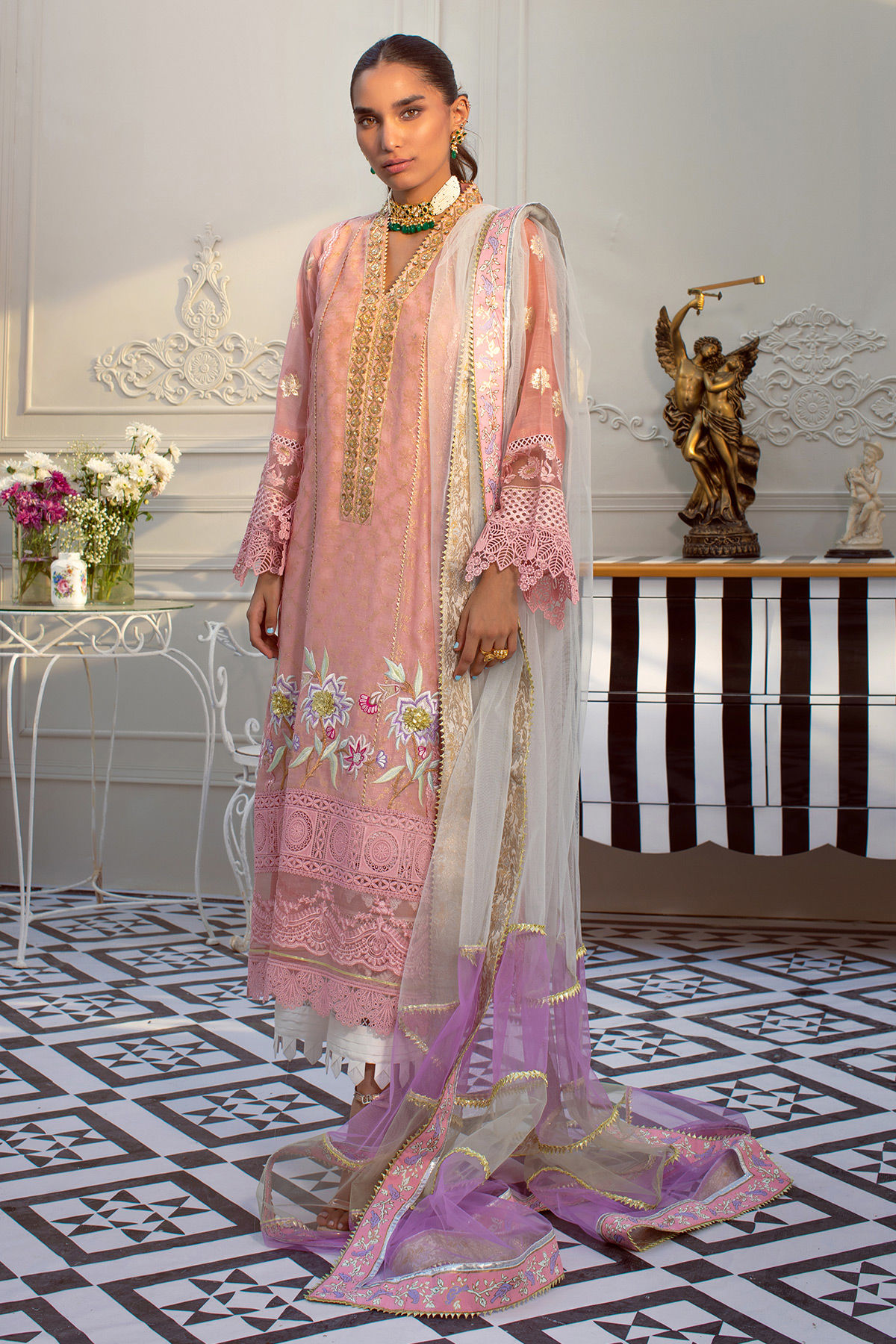 Pakistani Peach Zari Net Salwar Kameez (3-Piece) - Image 1
