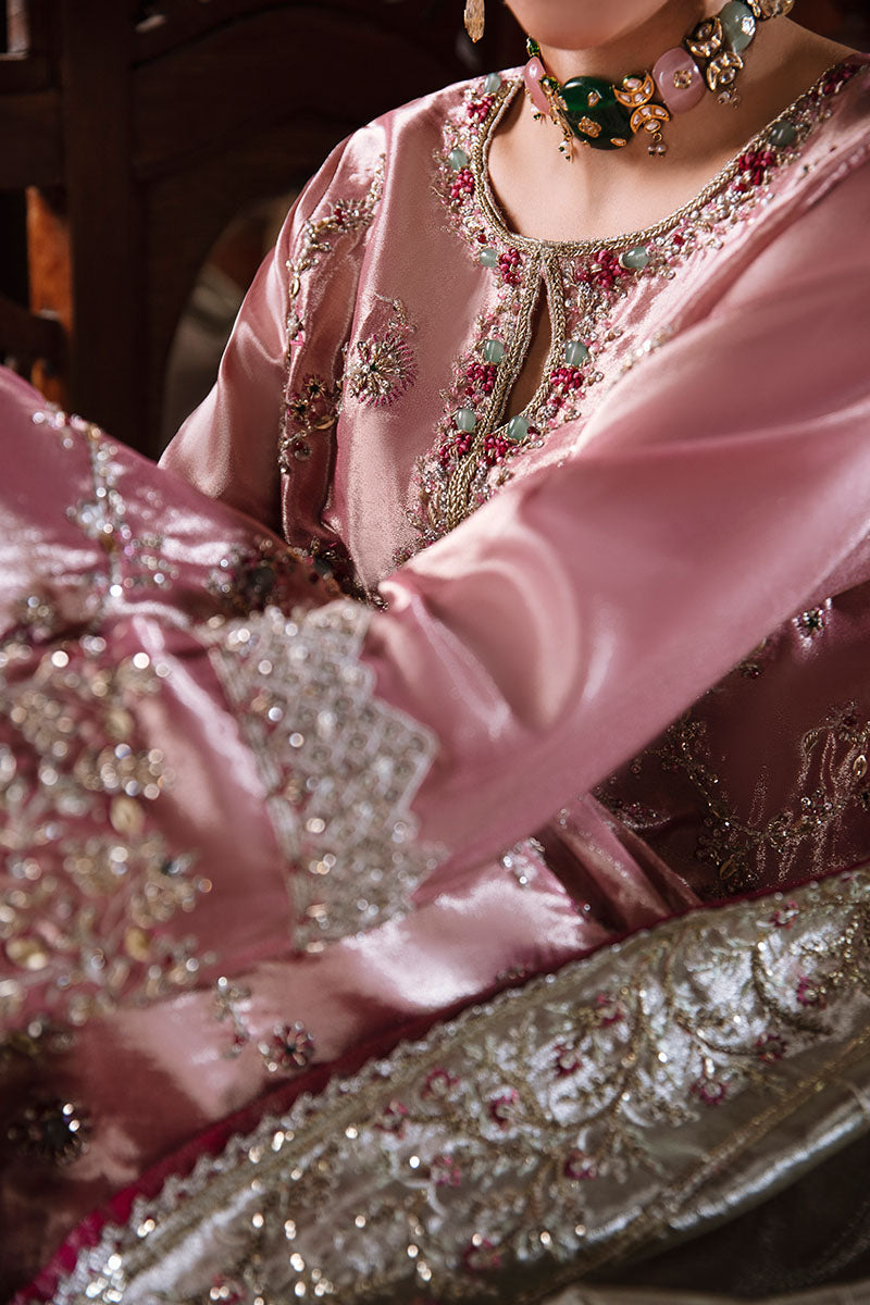 Pakistani Pink Silver Hand-Embroidered Zarri Silk Kameez (3-Piece) - Image 10