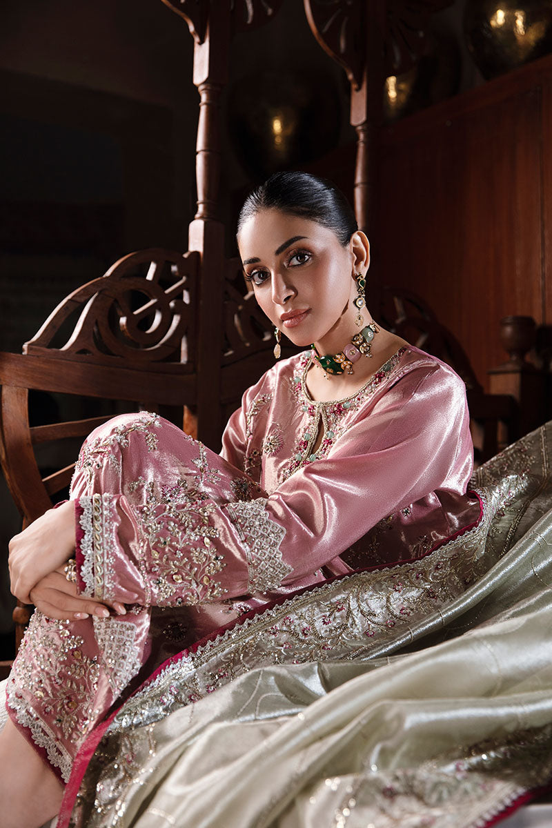Pakistani Pink Silver Hand-Embroidered Zarri Silk Kameez (3-Piece) - Image 11
