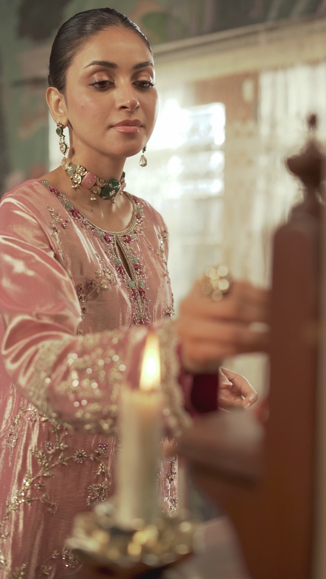 Pakistani Pink Silver Hand-Embroidered Zarri Silk Kameez (3-Piece) - Image 13