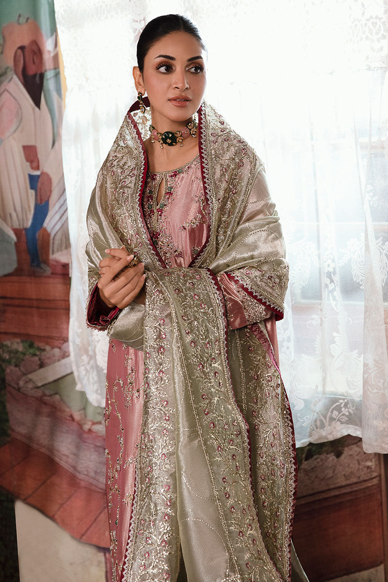 Pakistani Pink Silver Hand-Embroidered Zarri Silk Kameez (3-Piece) - Image 2