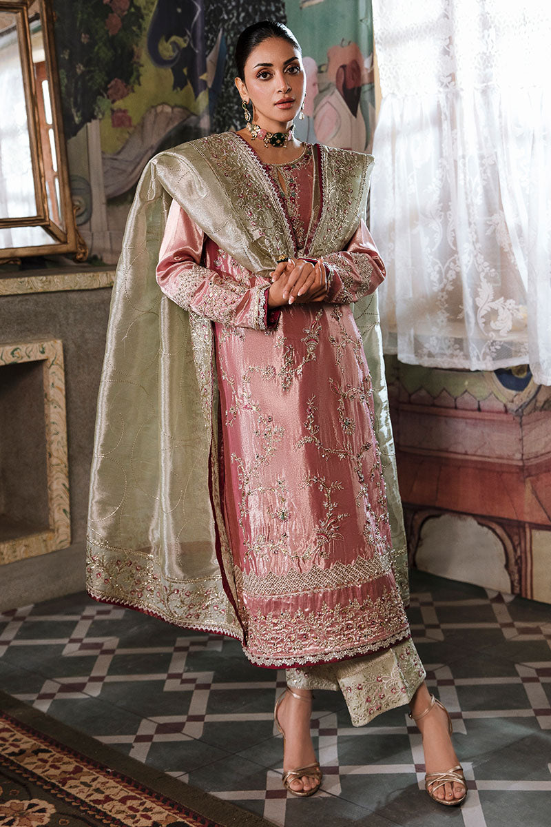 Pakistani Pink Silver Hand-Embroidered Zarri Silk Kameez (3-Piece) - Image 3