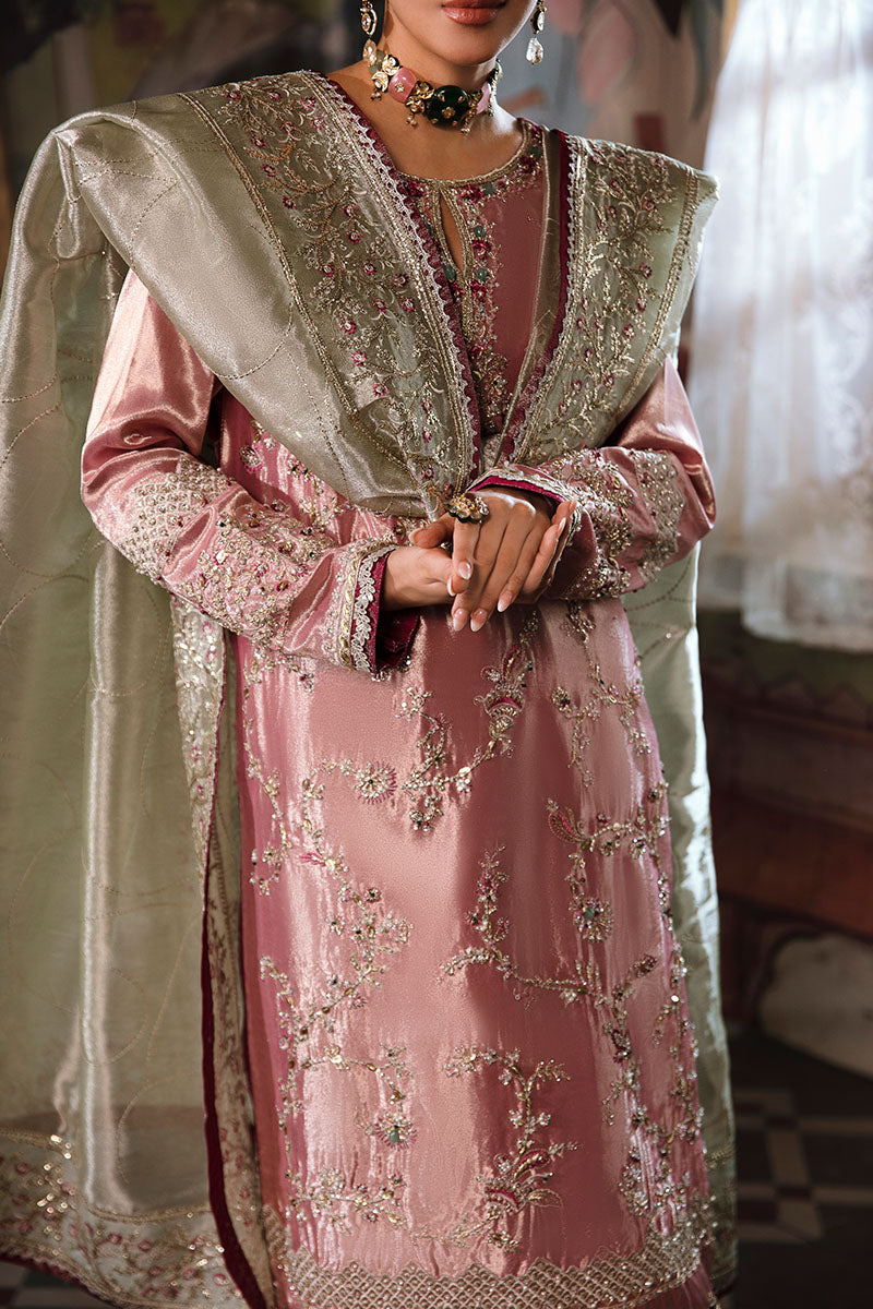 Pakistani Pink Silver Hand-Embroidered Zarri Silk Kameez (3-Piece) - Image 4