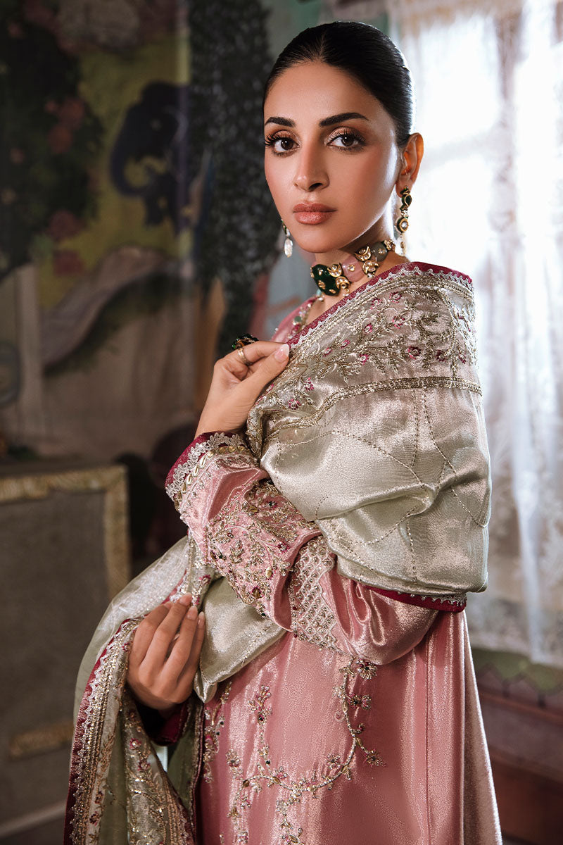 Pakistani Pink Silver Hand-Embroidered Zarri Silk Kameez (3-Piece) - Image 6