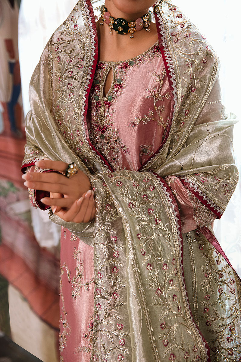 Pakistani Pink Silver Hand-Embroidered Zarri Silk Kameez (3-Piece) - Image 7