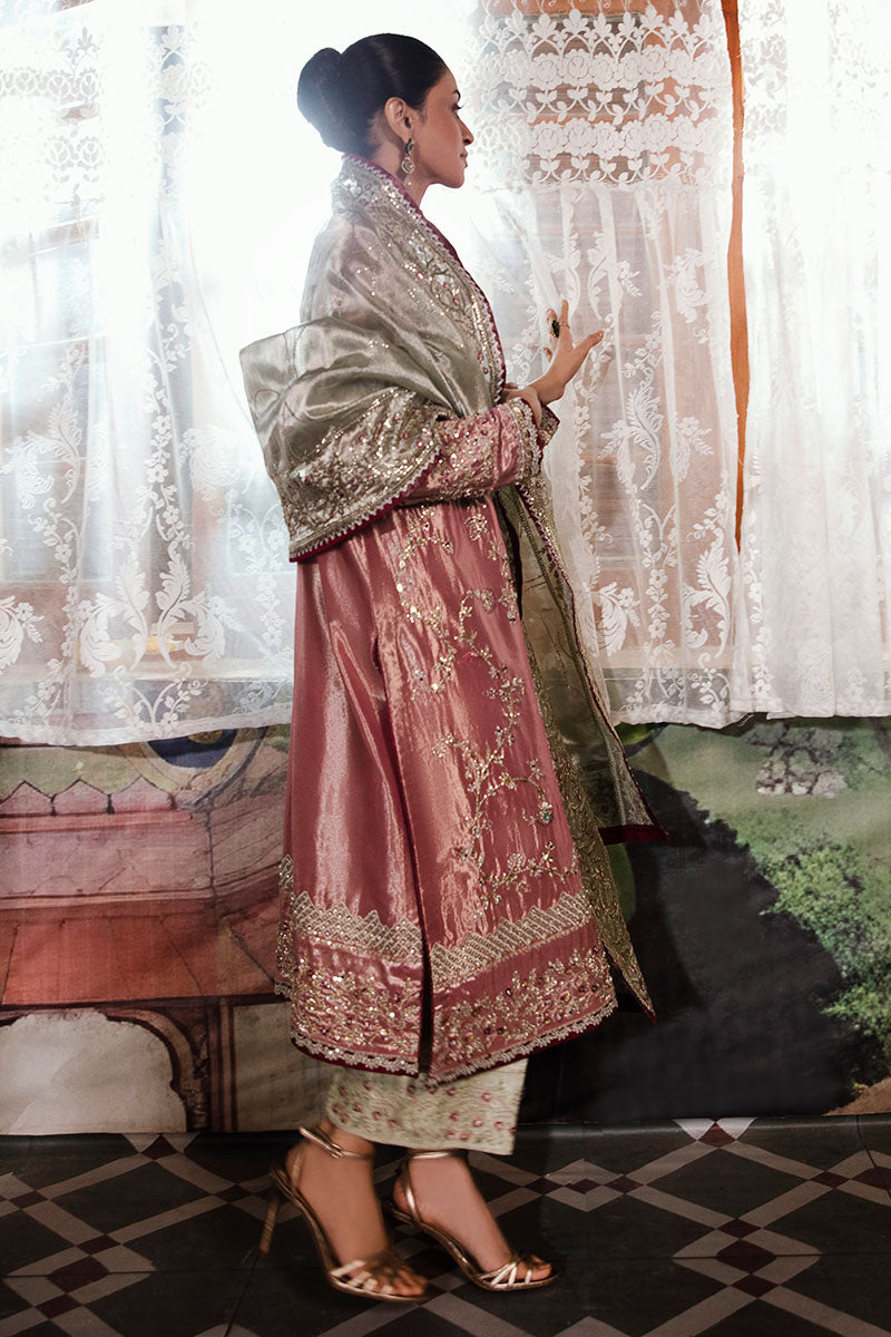 Pakistani Pink Silver Hand-Embroidered Zarri Silk Kameez (3-Piece) - Image 9