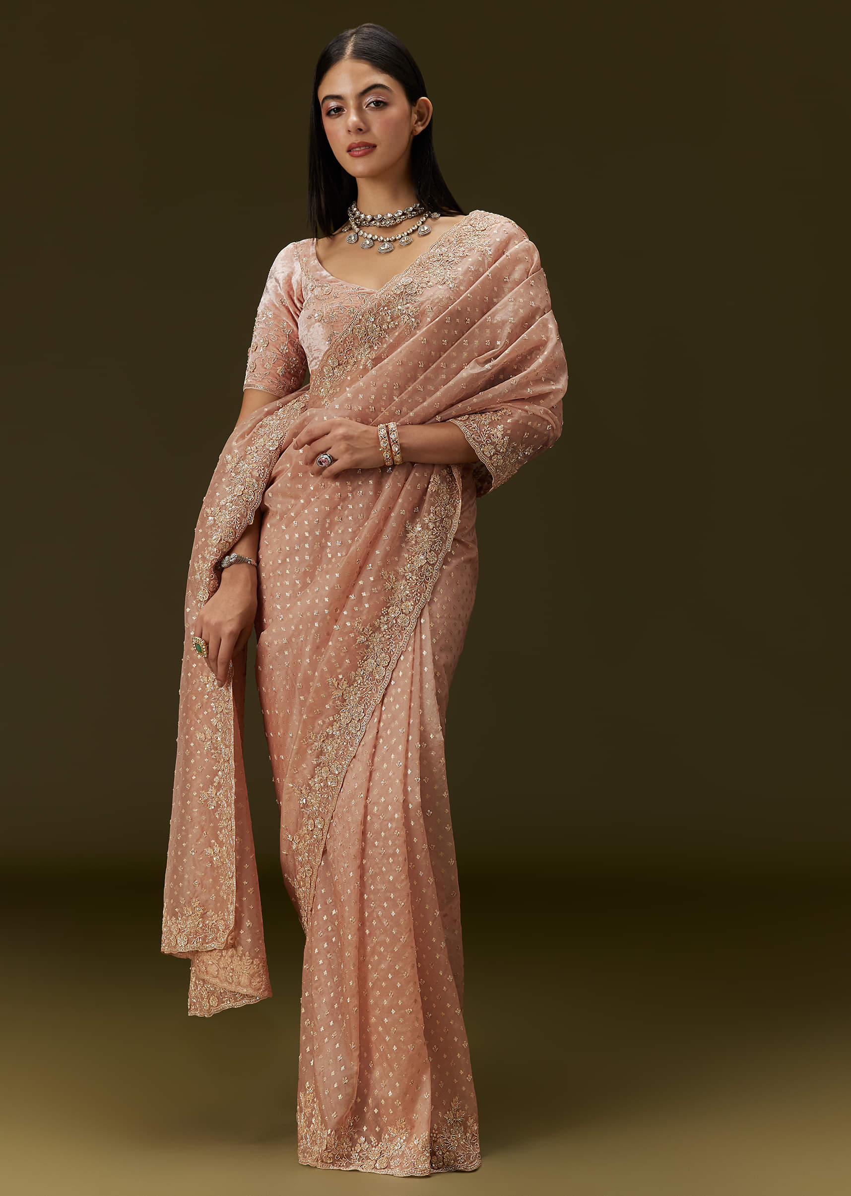 Peach Embroidered Banarasi Tissue Saree (2-Piece) - Image 2