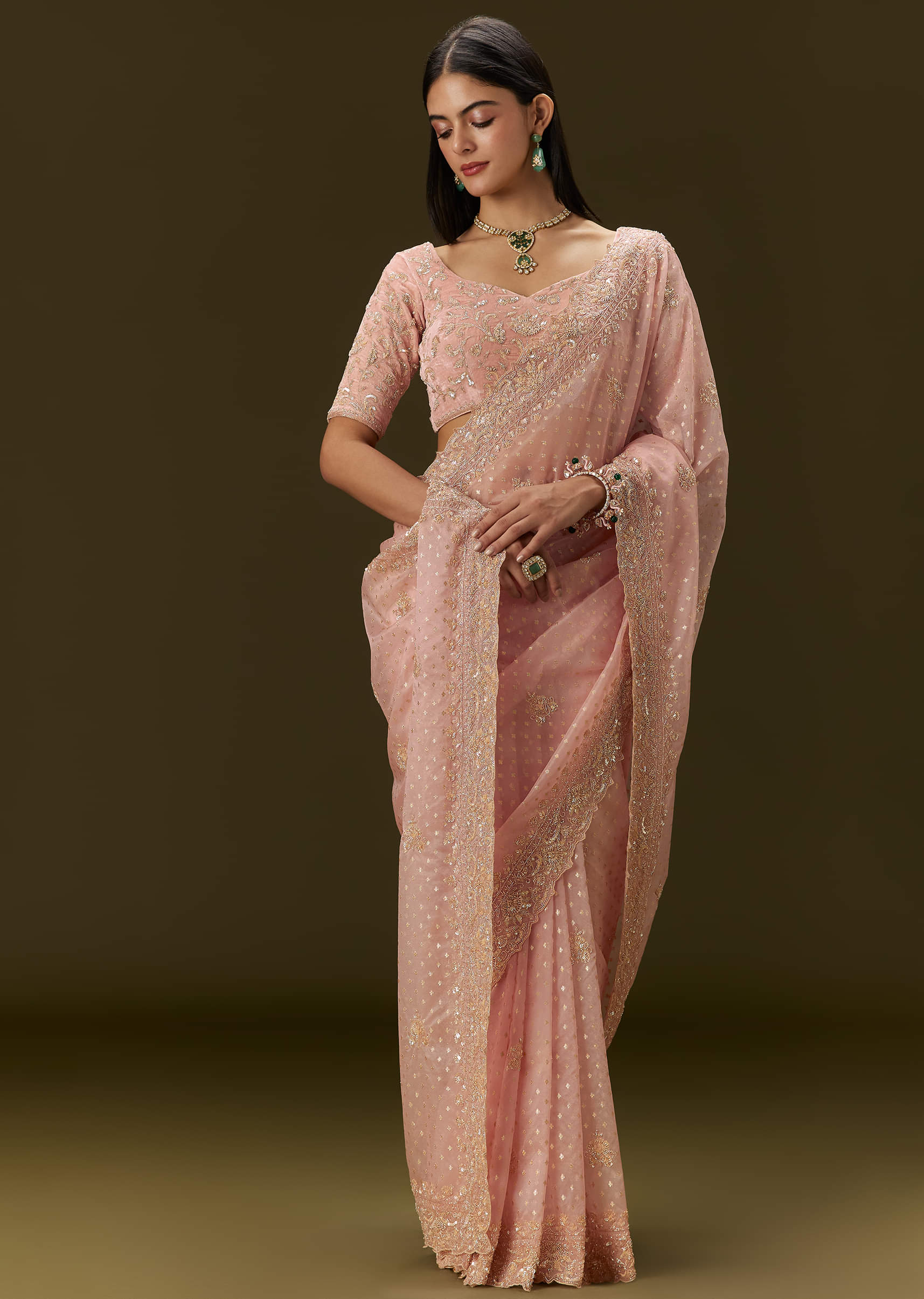 Indian Blush Pink Embroidered Banarasi Tissue Saree (2-Piece) - Image 1