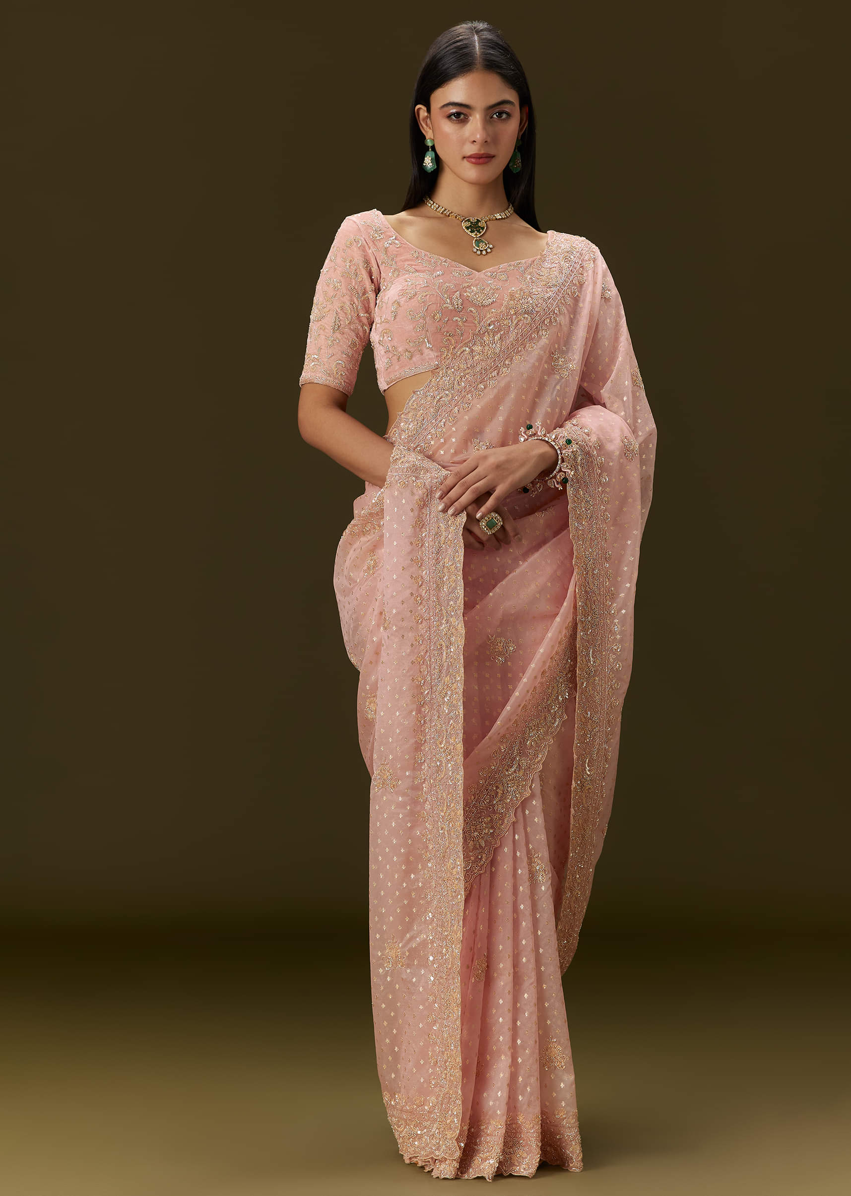 Indian Blush Pink Embroidered Banarasi Tissue Saree (2-Piece) - Image 10