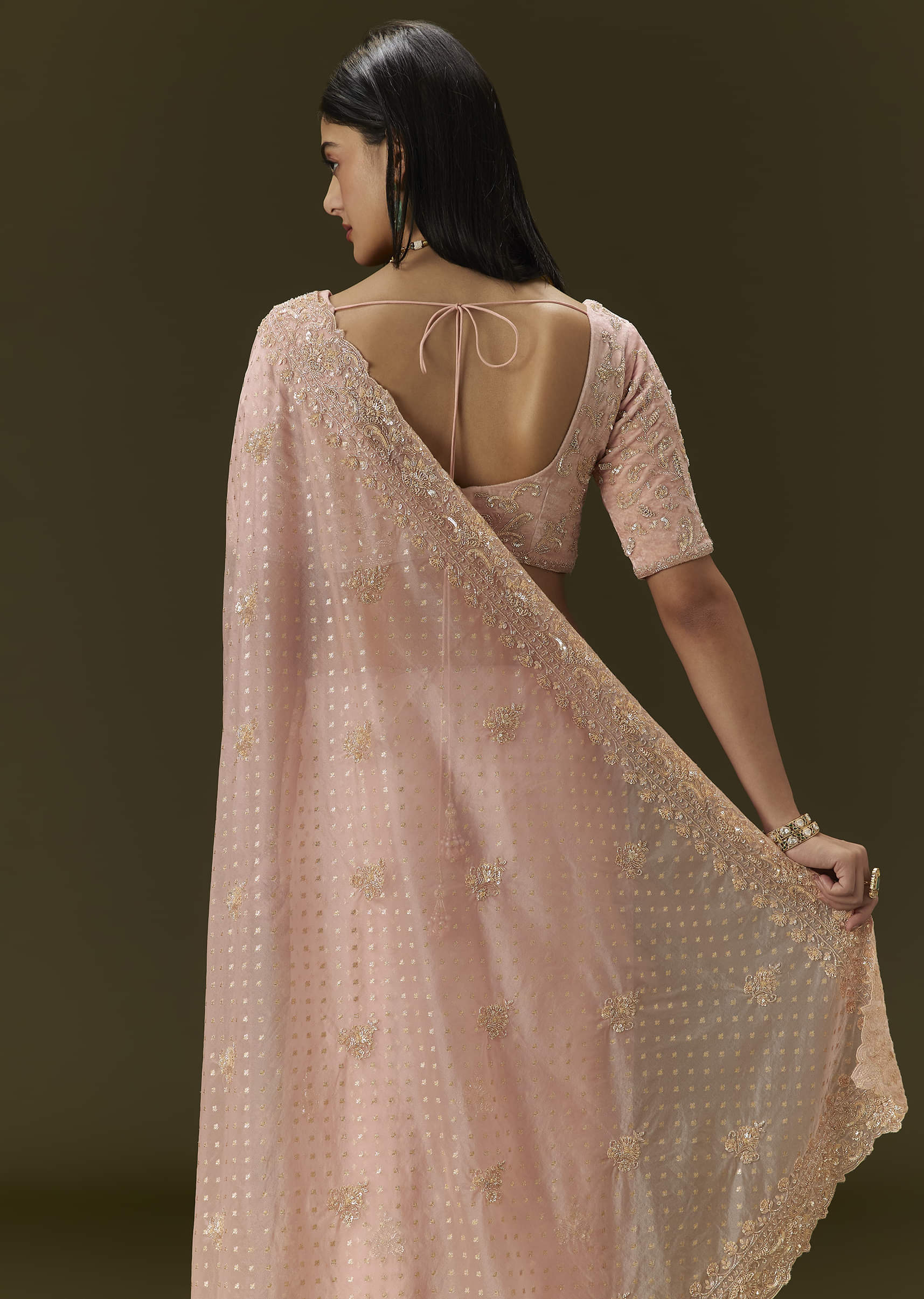 Indian Blush Pink Embroidered Banarasi Tissue Saree (2-Piece) - Image 3
