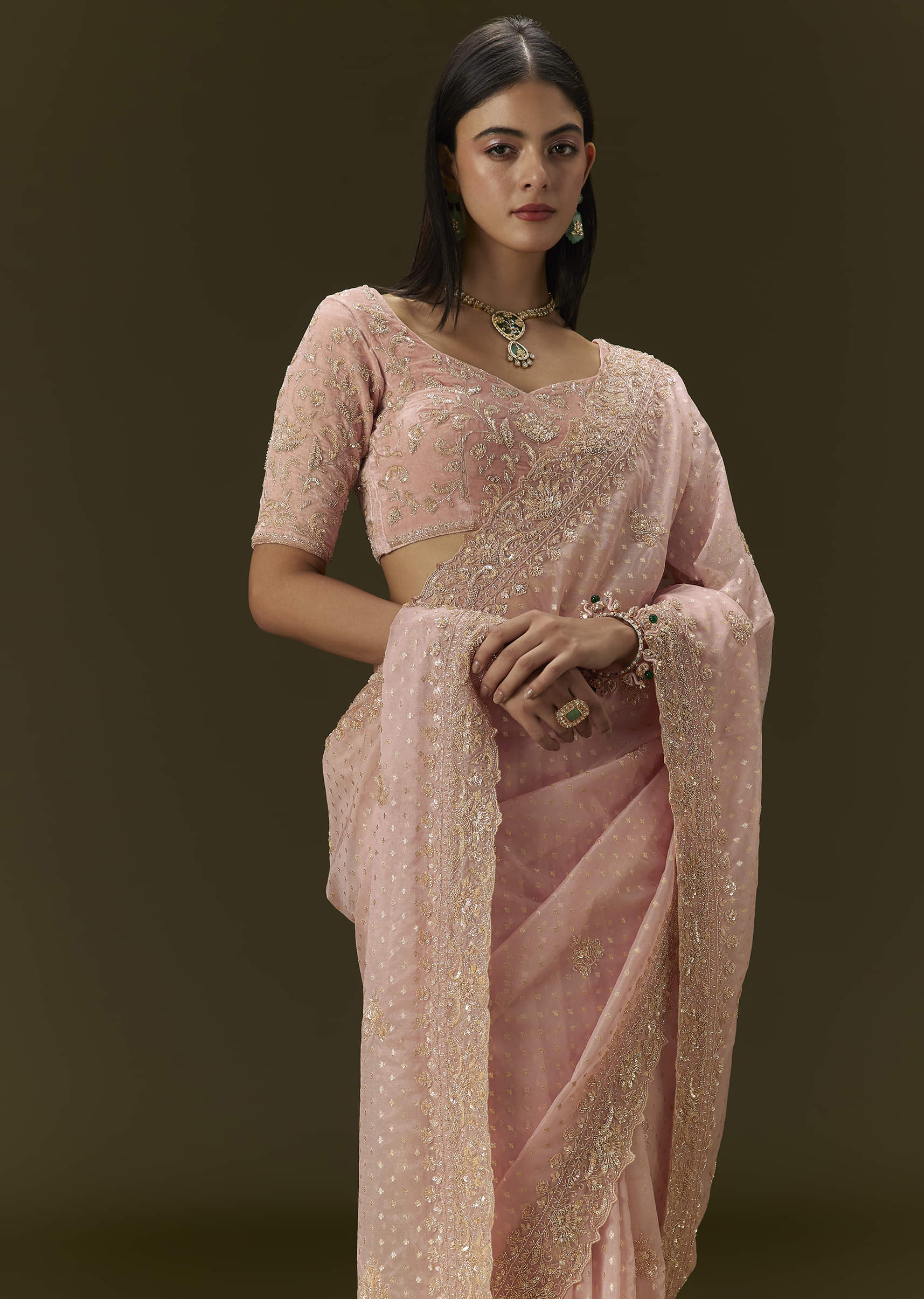 Indian Blush Pink Embroidered Banarasi Tissue Saree (2-Piece) - Image 4