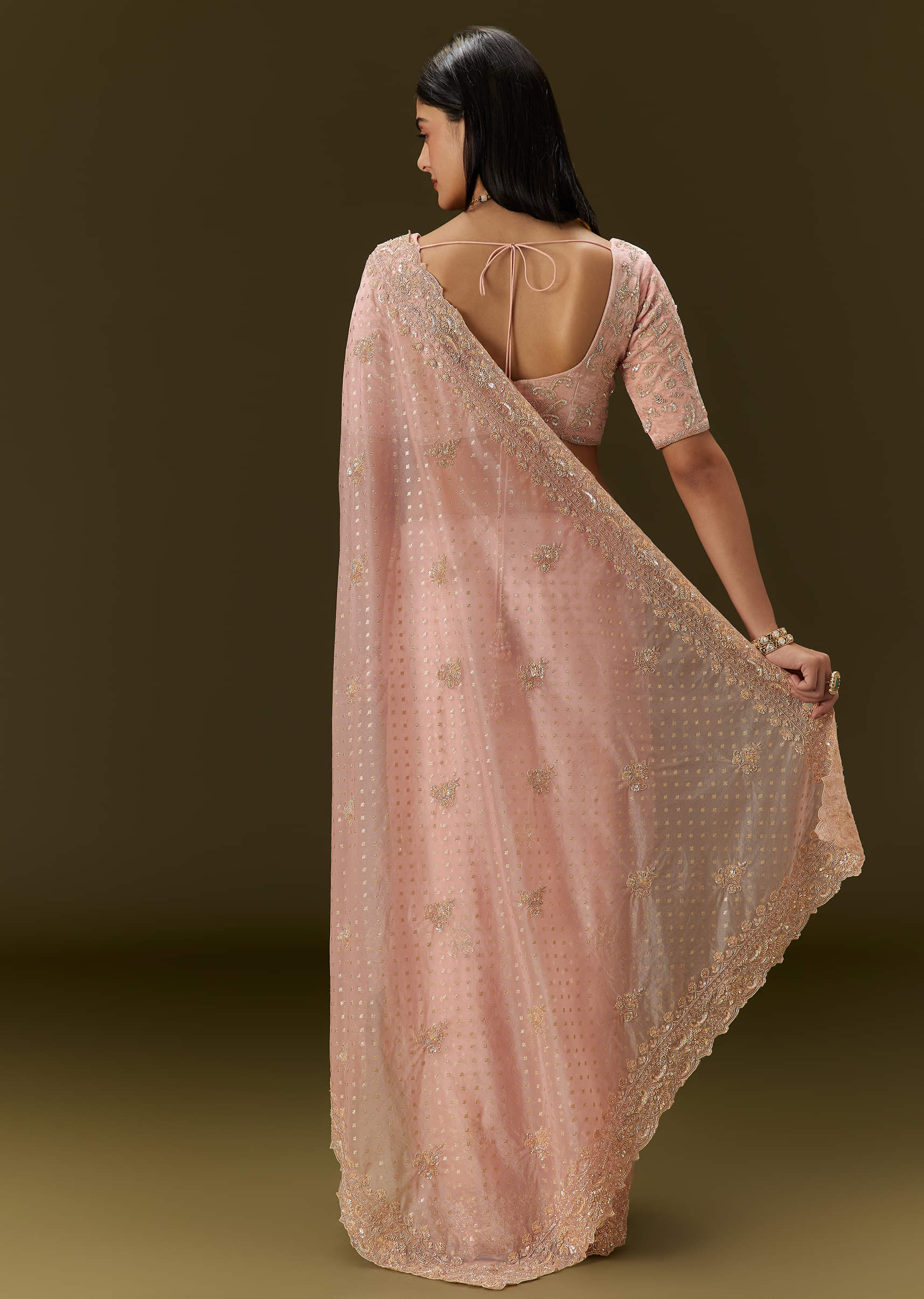 Indian Blush Pink Embroidered Banarasi Tissue Saree (2-Piece) - Image 5
