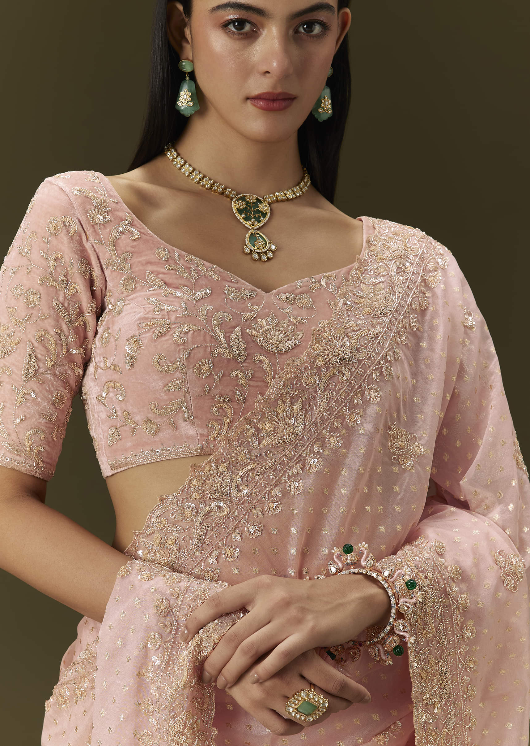 Indian Blush Pink Embroidered Banarasi Tissue Saree (2-Piece) - Image 9